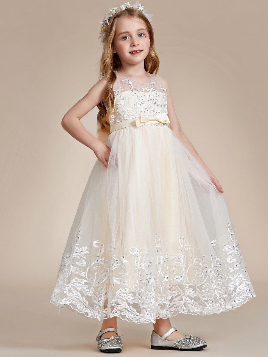 Robe Enfant d'Honneur Princesse en Tulle Aappliques délicates nœud papillon #couleur_Rose Robe Enfant d'Honneur Princesse en Tulle Aappliques délicates nœud papillon