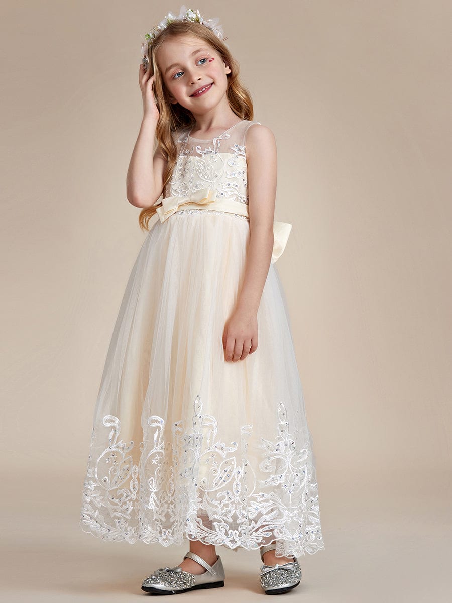 Robe Enfant d'Honneur Princesse en Tulle Aappliques délicates nœud papillon #couleur_Rose Robe Enfant d'Honneur Princesse en Tulle Aappliques délicates nœud papillon