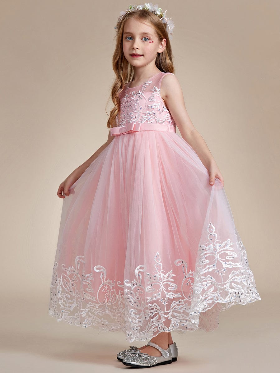 Robe Enfant d'Honneur Princesse en Tulle Aappliques délicates nœud papillon #couleur_Rose Robe Enfant d'Honneur Princesse en Tulle Aappliques délicates nœud papillon