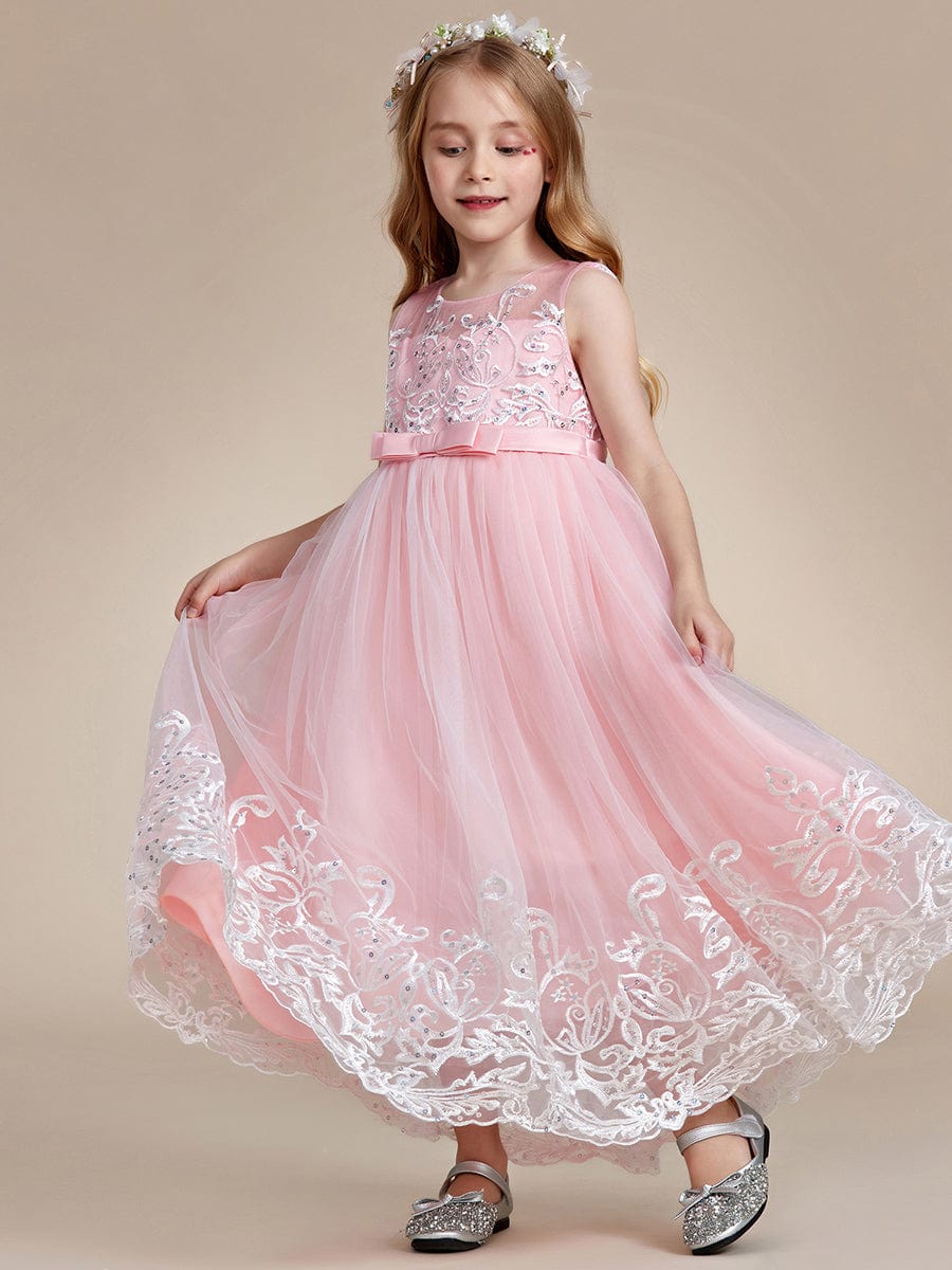 Robe Enfant d'Honneur Princesse en Tulle Aappliques délicates nœud papillon #couleur_Rose Robe Enfant d'Honneur Princesse en Tulle Aappliques délicates nœud papillon
