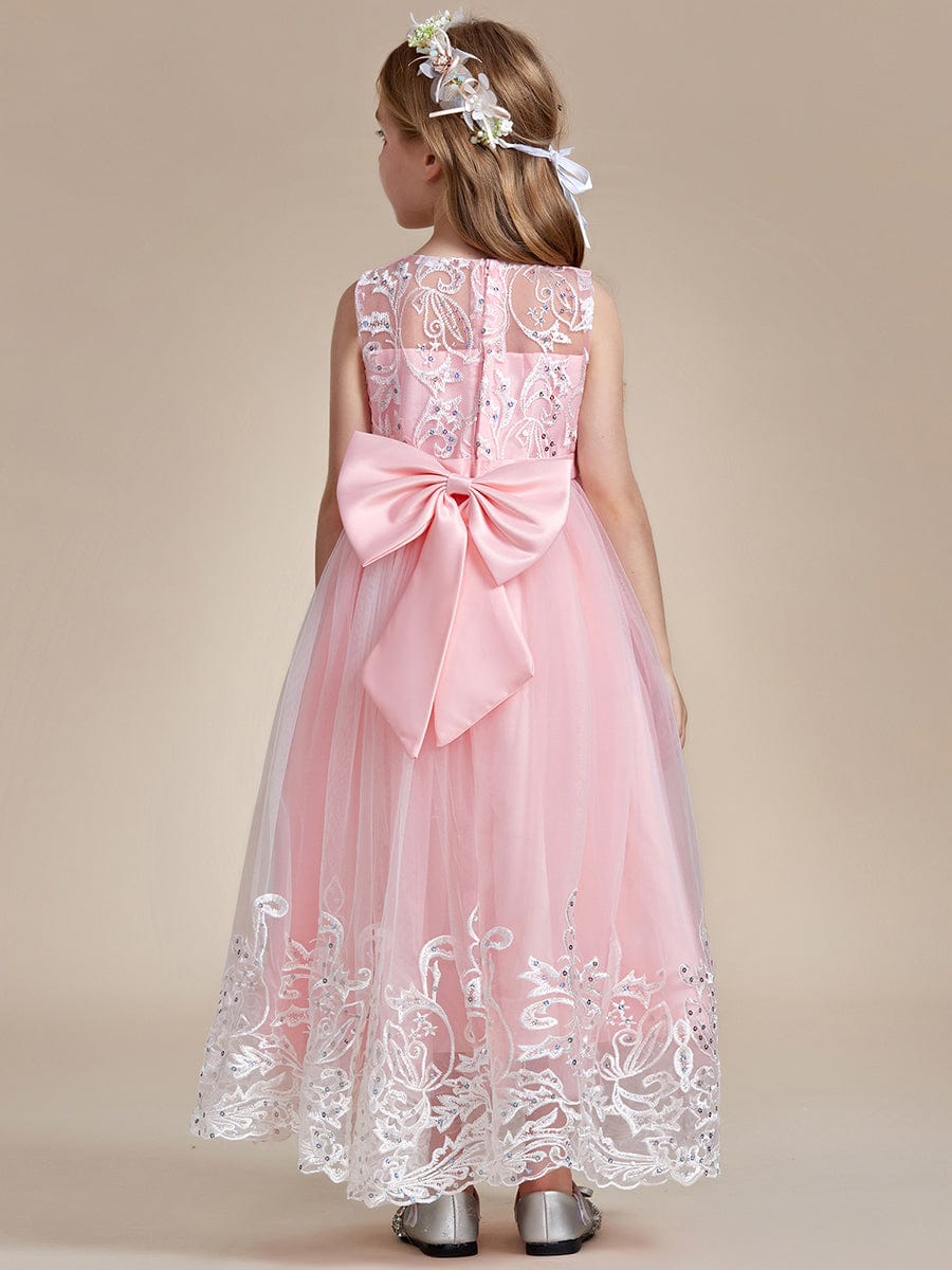 Robe Enfant d'Honneur Princesse en Tulle Aappliques délicates nœud papillon #couleur_Rose Robe Enfant d'Honneur Princesse en Tulle Aappliques délicates nœud papillon