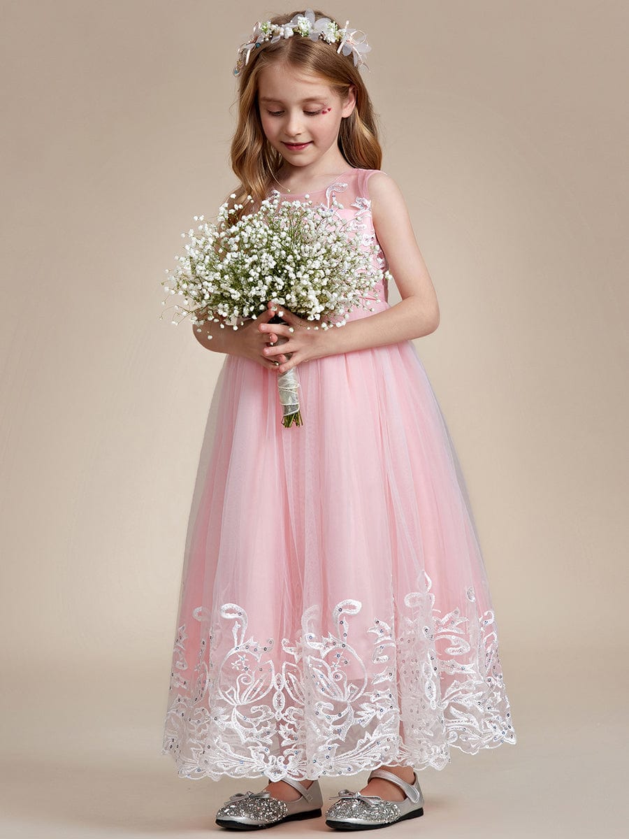 Robe Enfant d'Honneur Princesse en Tulle Aappliques délicates nœud papillon #couleur_Rose Robe Enfant d'Honneur Princesse en Tulle Aappliques délicates nœud papillon