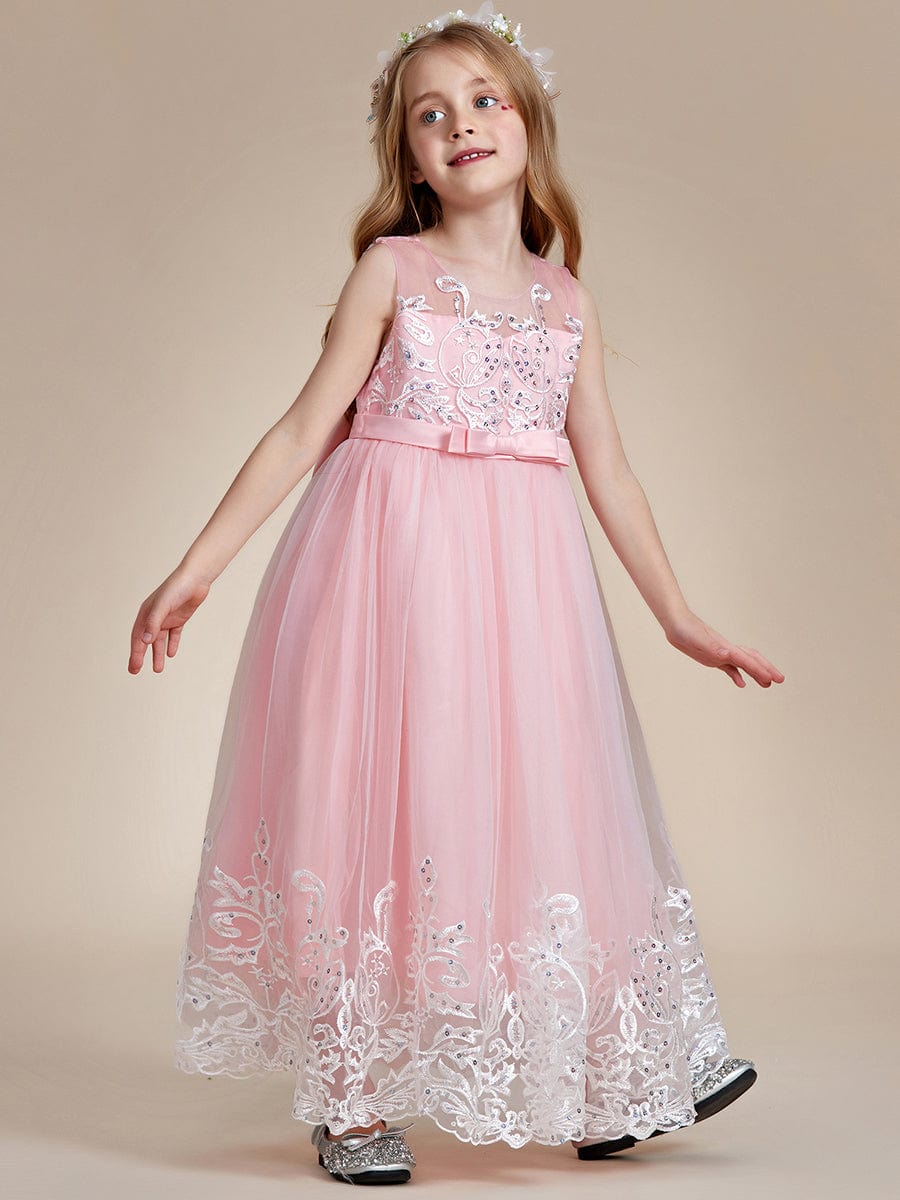 Robe Enfant d'Honneur Princesse en Tulle Aappliques délicates nœud papillon #couleur_Rose Robe Enfant d'Honneur Princesse en Tulle Aappliques délicates nœud papillon