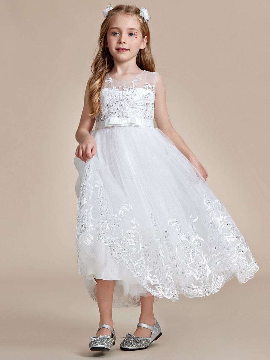 Robe Enfant d'Honneur Princesse en Tulle Aappliques délicates nœud papillon #couleur_Rose Robe Enfant d'Honneur Princesse en Tulle Aappliques délicates nœud papillon