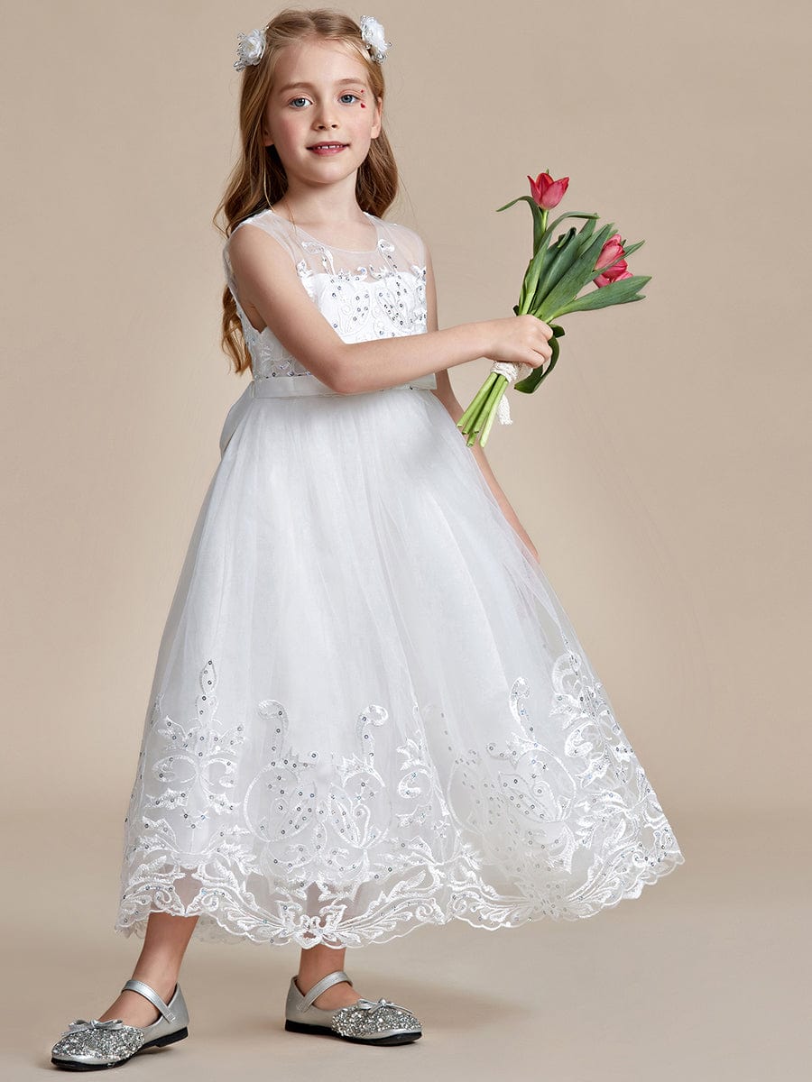 Robe Enfant d'Honneur Princesse en Tulle Aappliques délicates nœud papillon #couleur_Blanc