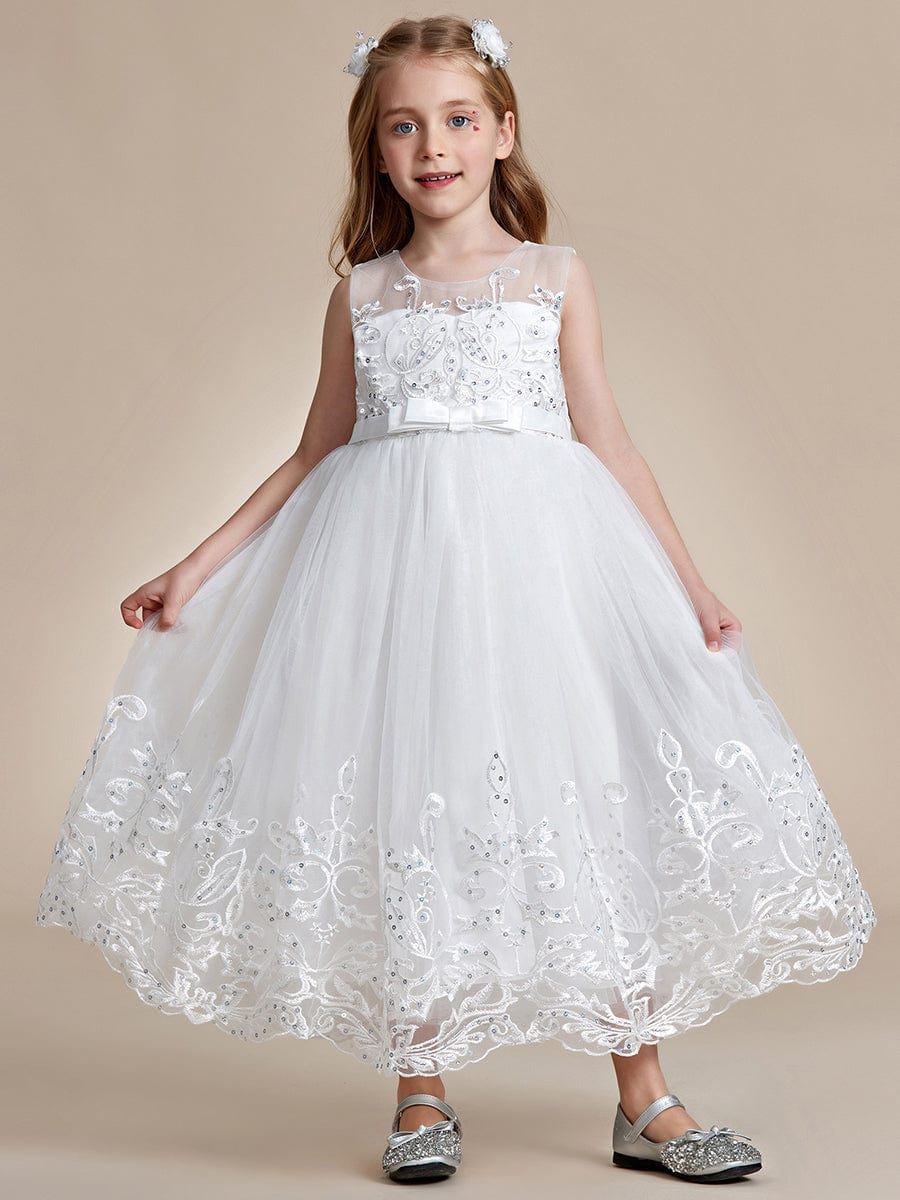 Robe Enfant d'Honneur Princesse en Tulle Aappliques délicates nœud papillon #couleur_Blanc