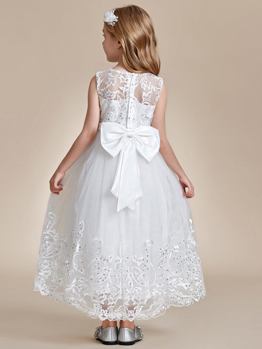 Robe Enfant d'Honneur Princesse en Tulle Aappliques délicates nœud papillon #couleur_Blanc