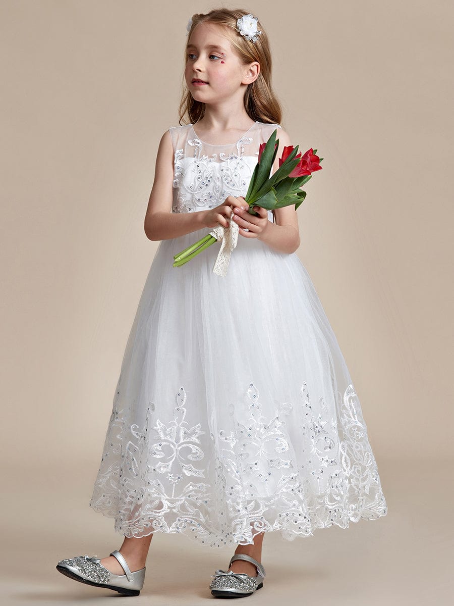 Robe Enfant d'Honneur Princesse en Tulle Aappliques délicates nœud papillon #couleur_Blanc