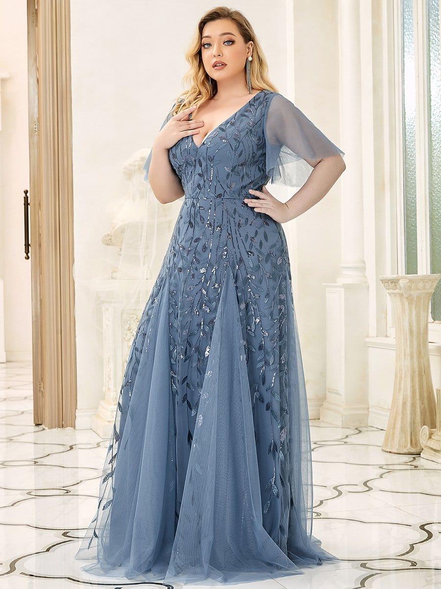 Grande Taille Robe de Soirée Longue Romantique et Scintillante à Col V et Pailletes #Couleur_Marine Fume