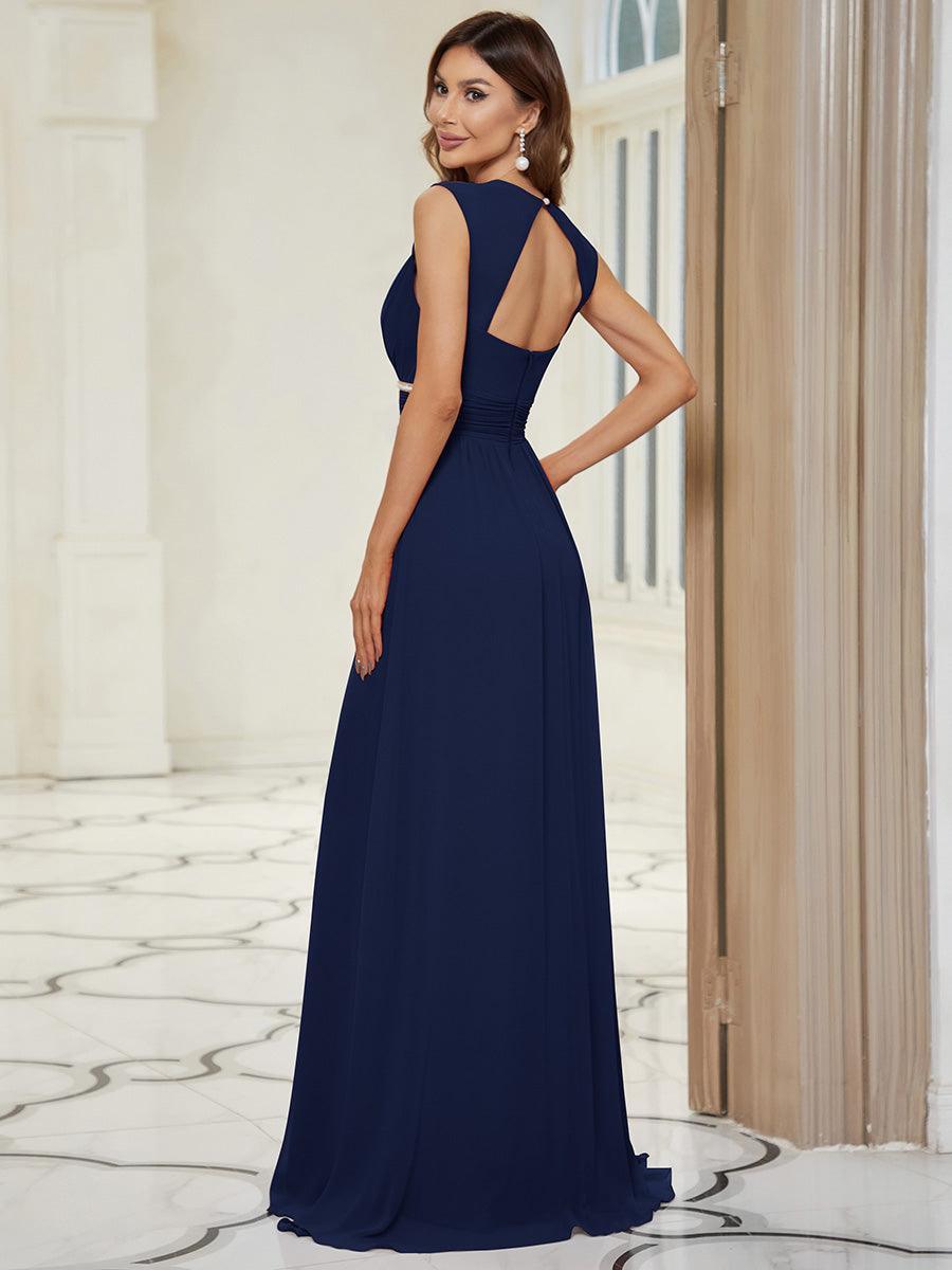 Robe longue de demoiselle d'honneur froncée à col en V #Couleur_Bleu Marine