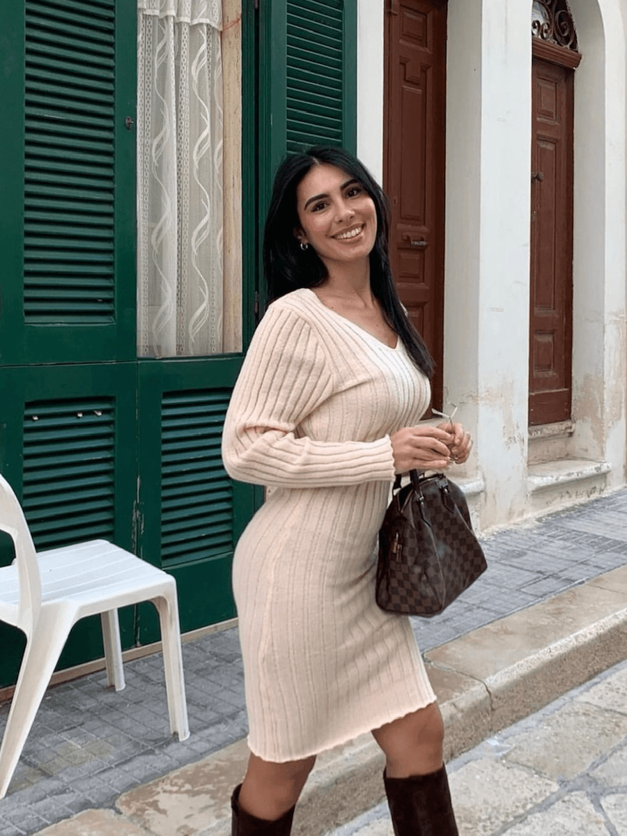 Robe pull moulante en tricot Manches longues Col en V Ever