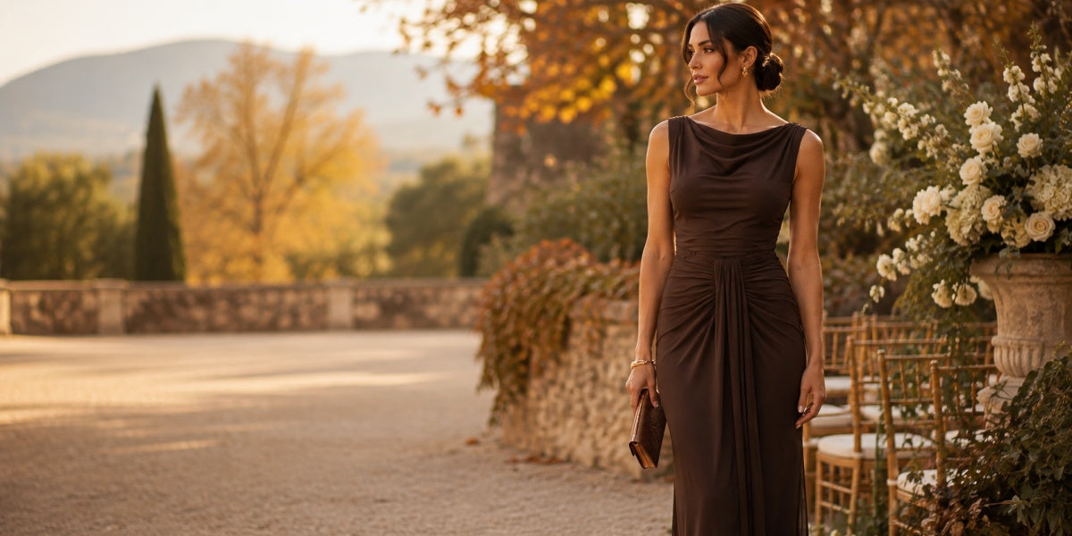 Robe élégante marron chocolat, idéale pour une invitée à un mariage d'automne