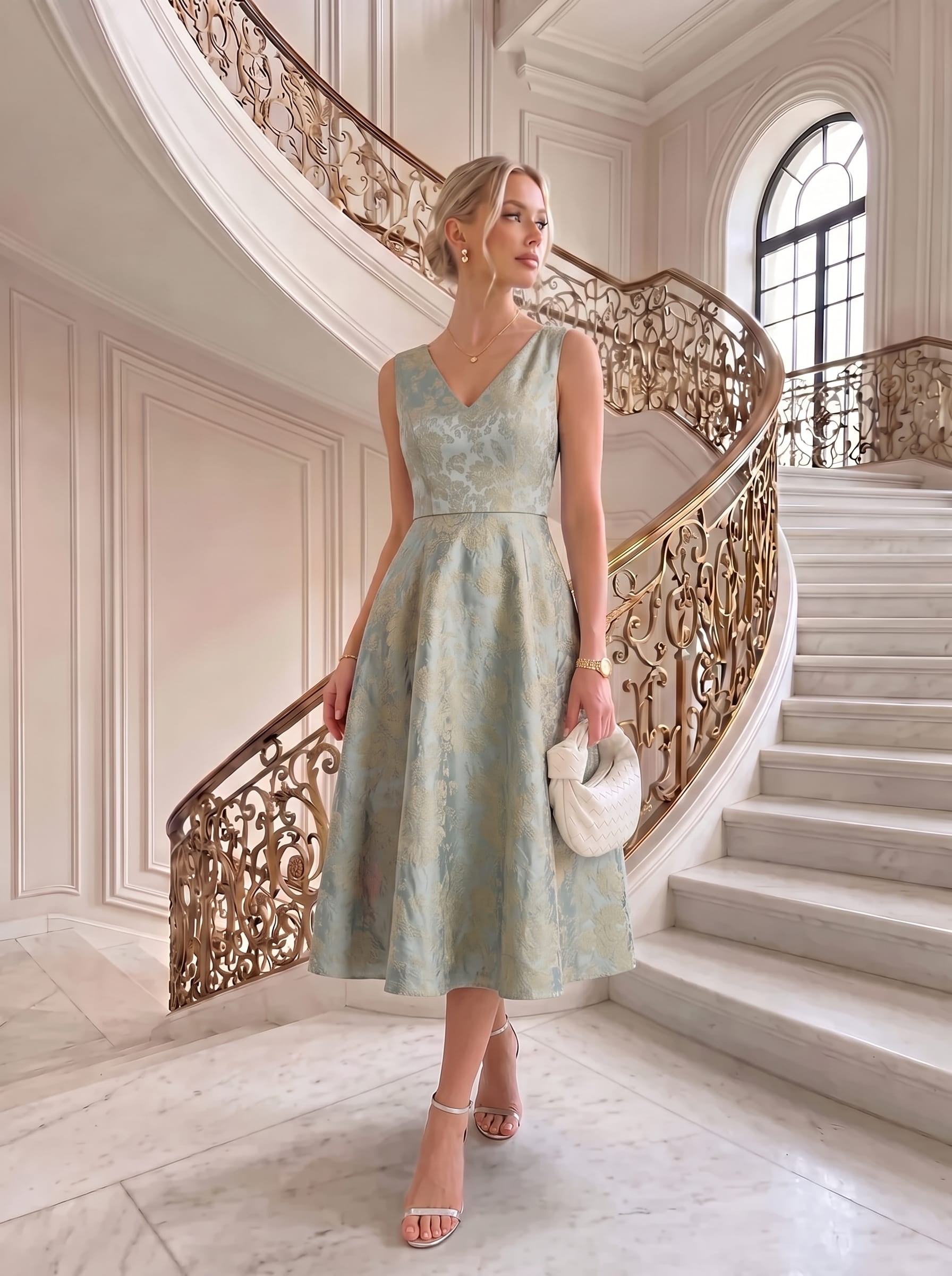 Robe midi A ligne sans manches d¨¦collet¨¦e en V avec d¨¦tails imprim¨¦s #Couleur_Bleu ciel/Or