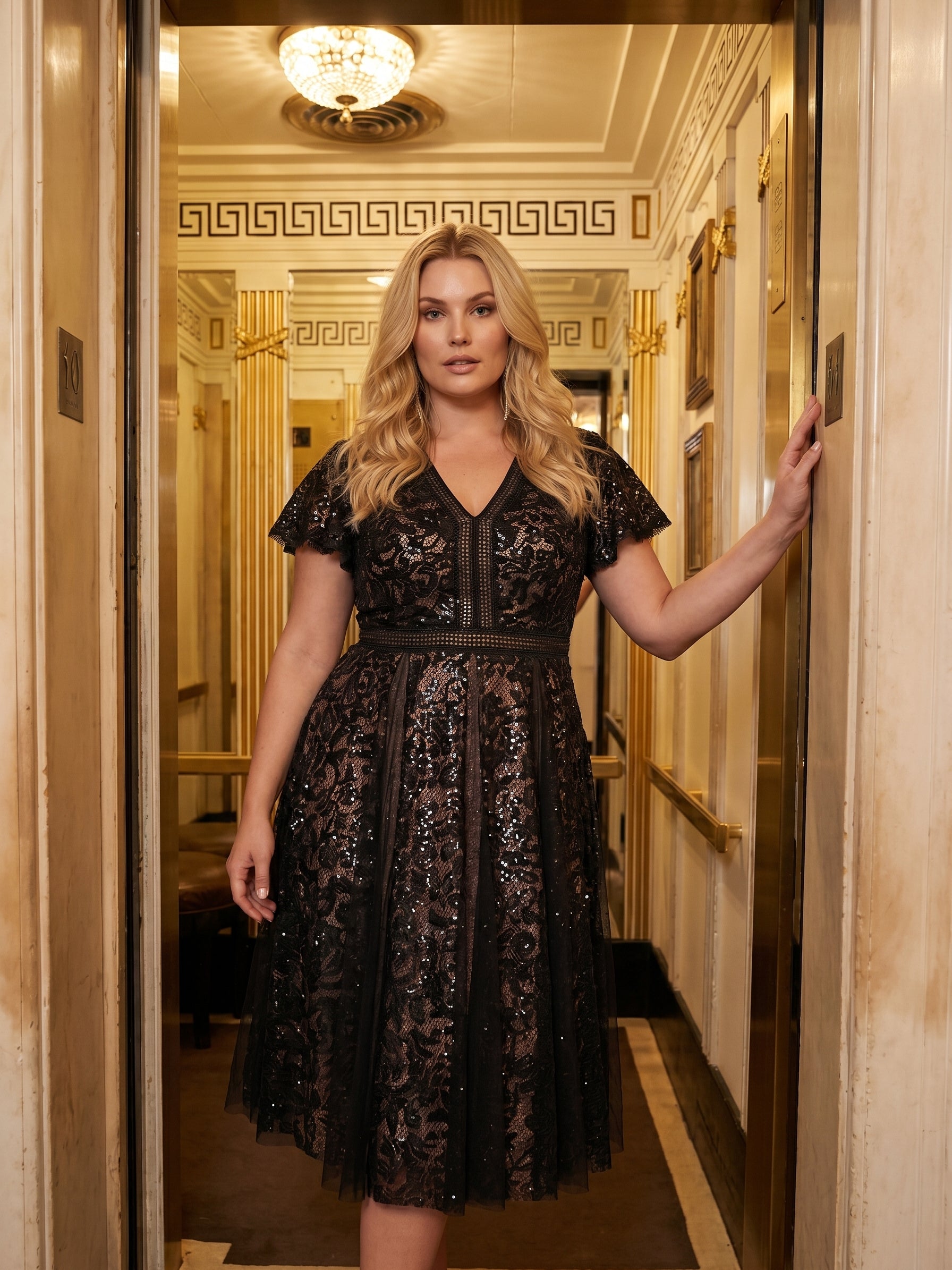 robe midi évasée en tulle avec manches courtes décolleté en V et volants #Couleur_Noir