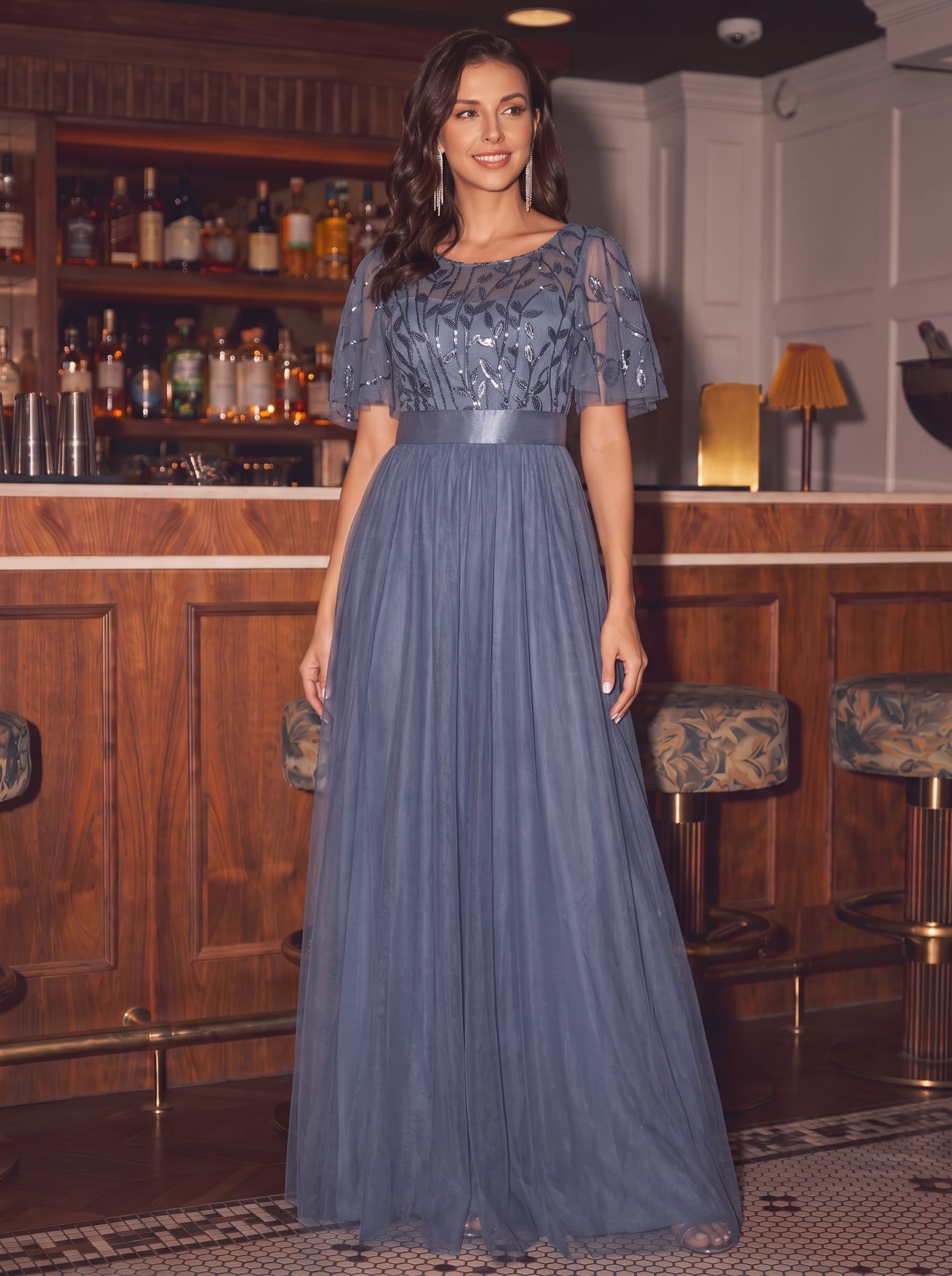 Robe de demoiselle d'honneur Brodées à manches courtes en ligne A pour femmes #Couleur_Marine Fume