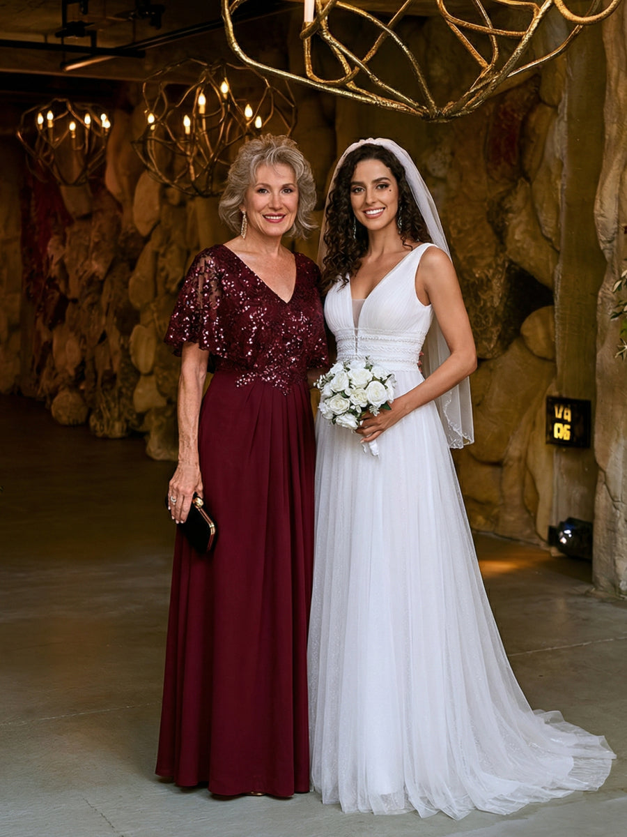Robe longue sans manches en sequins style sirène décolleté en V #Couleur_Bordeaux