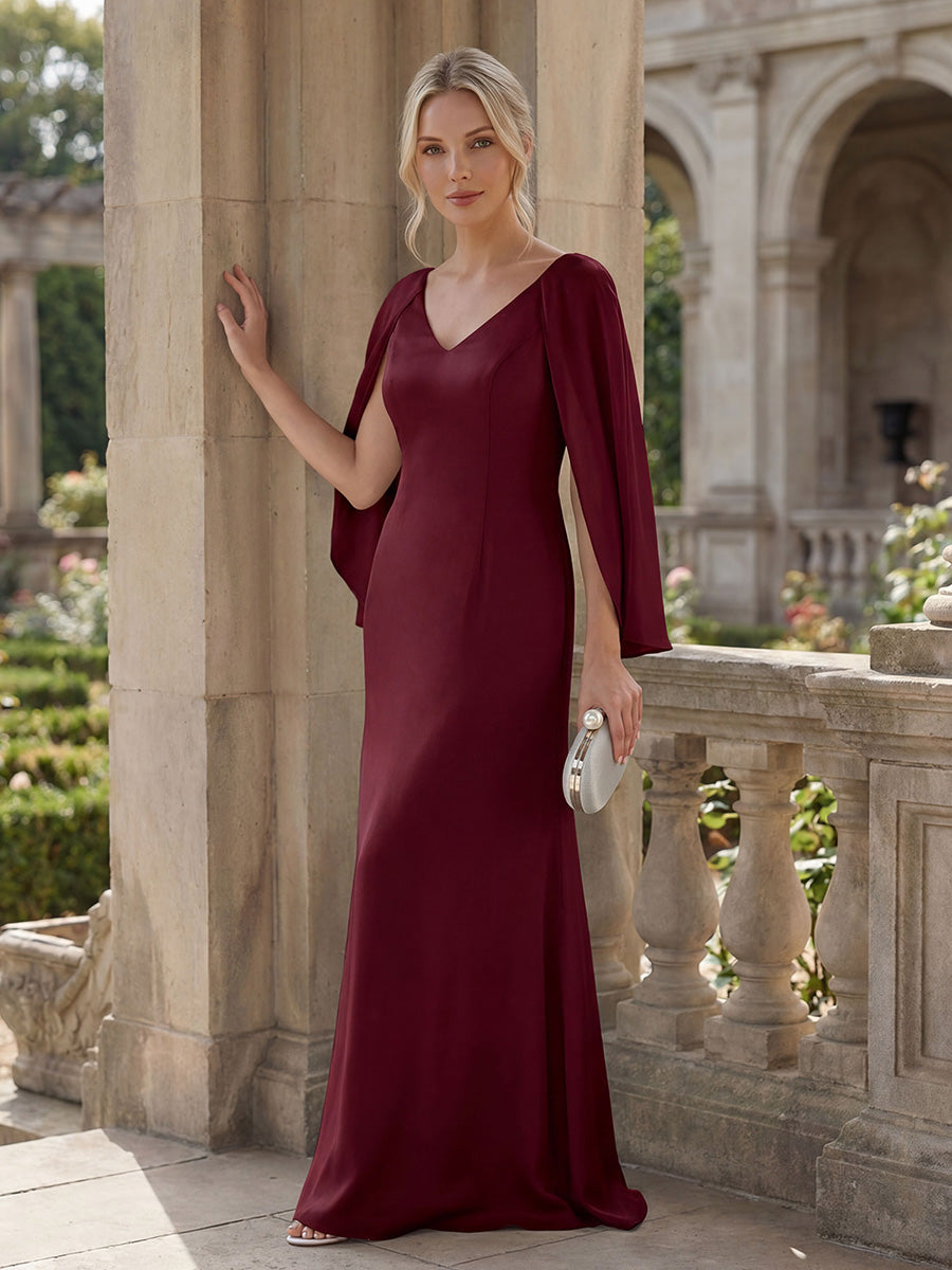 Robe sirène sans bretelles en stretch haut avec décolleté en V profond et manches cape #Couleur_Bordeaux