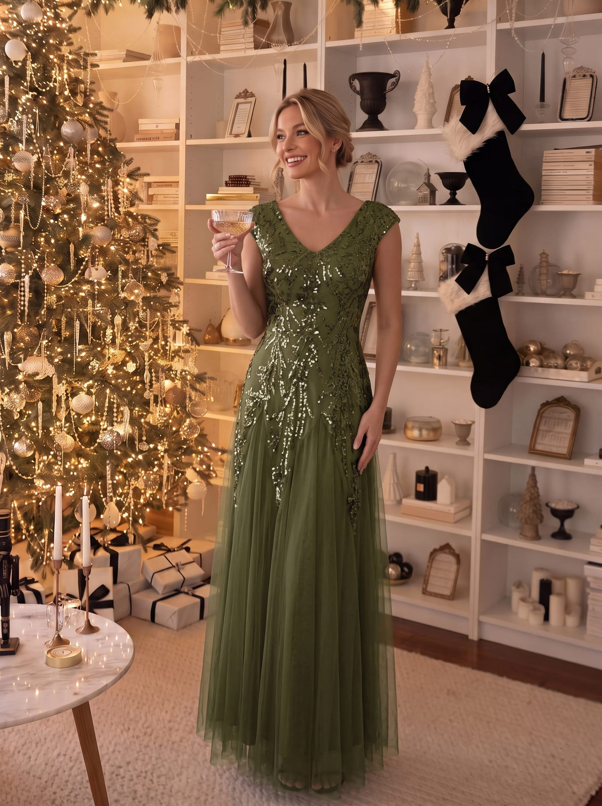 robe longue sans manches décolletée en V brodée de fleurs en A #Couleur_Vert Olive