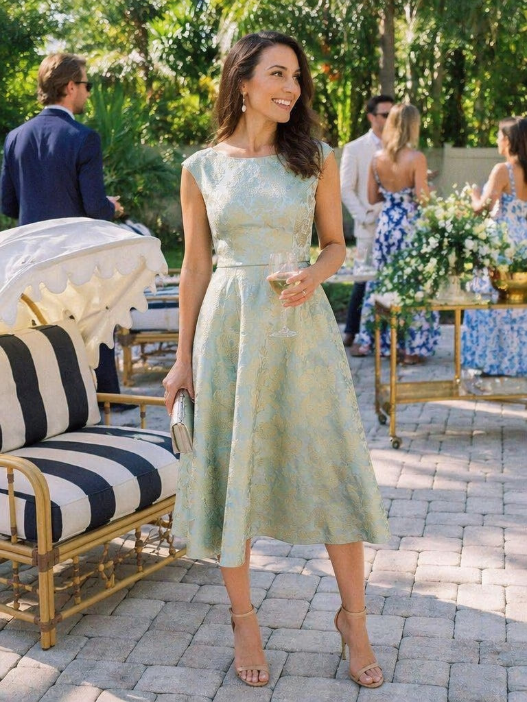robe midi ¨¦vas¨¦e ¨¤ manches courtes imprim¨¦e avec col rond et fermeture ¨¦clair au dos #Couleur_Bleu ciel/Or