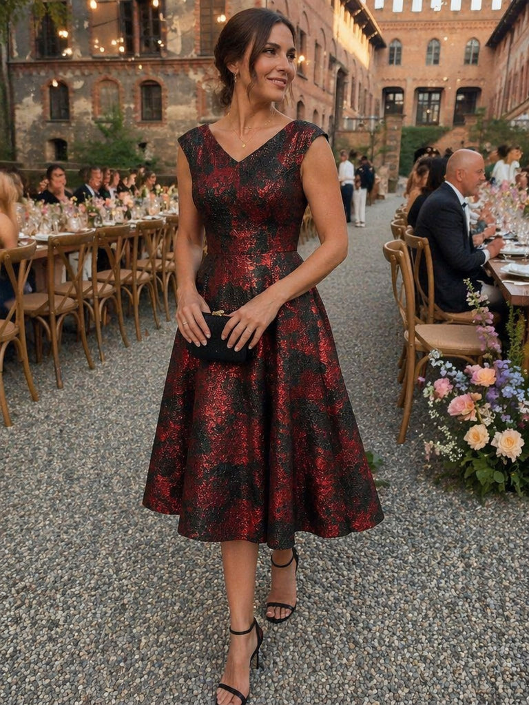 robe midi sans ¨¦lasticit¨¦ ¨¤ manches courtes en V avec fermeture ¨¦clair au dos #Couleur_Bourgogne/Noir