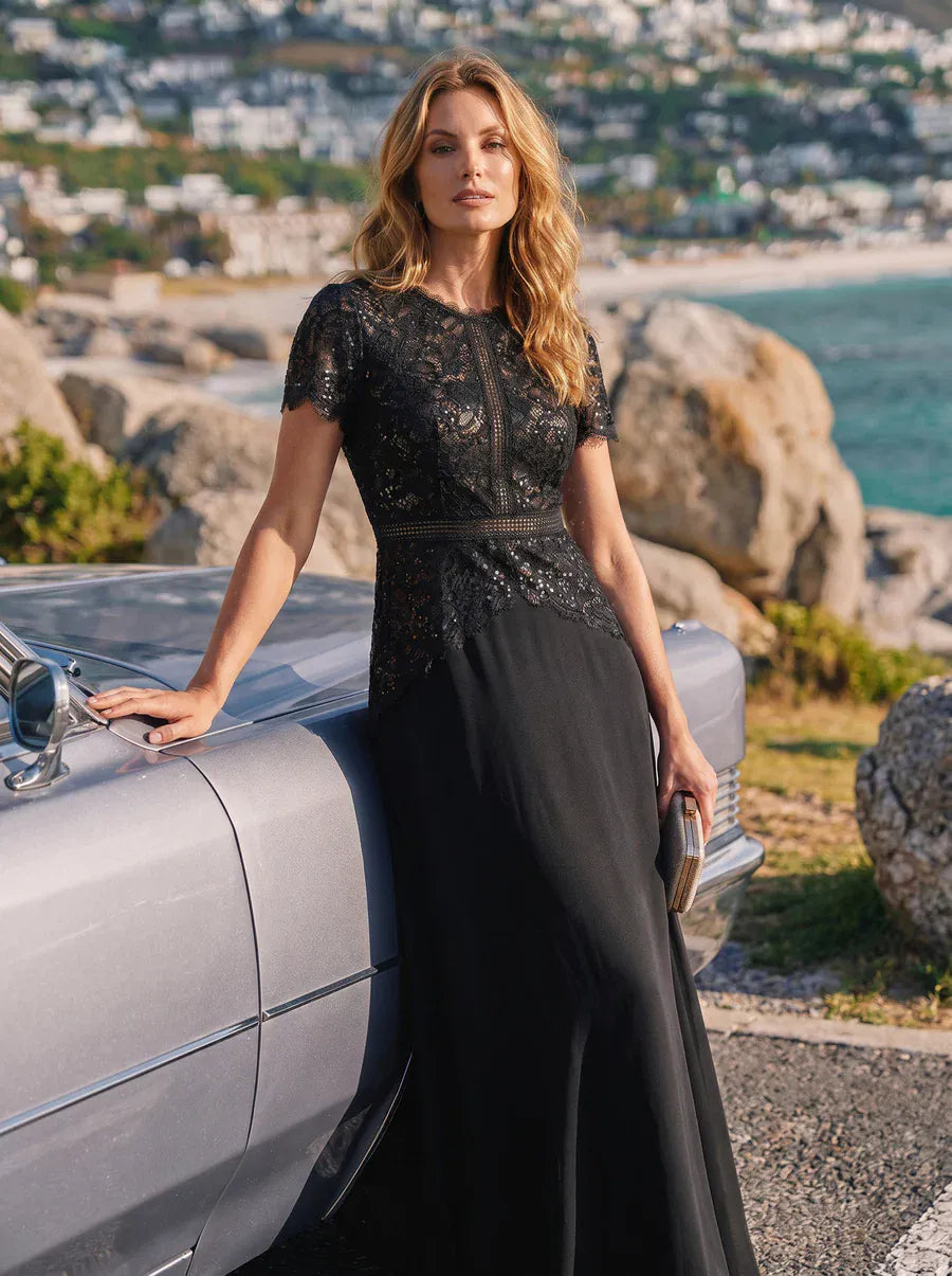 robe longue à encolure ronde à manches courtes en sequins coupe évasée #Couleur_Noir