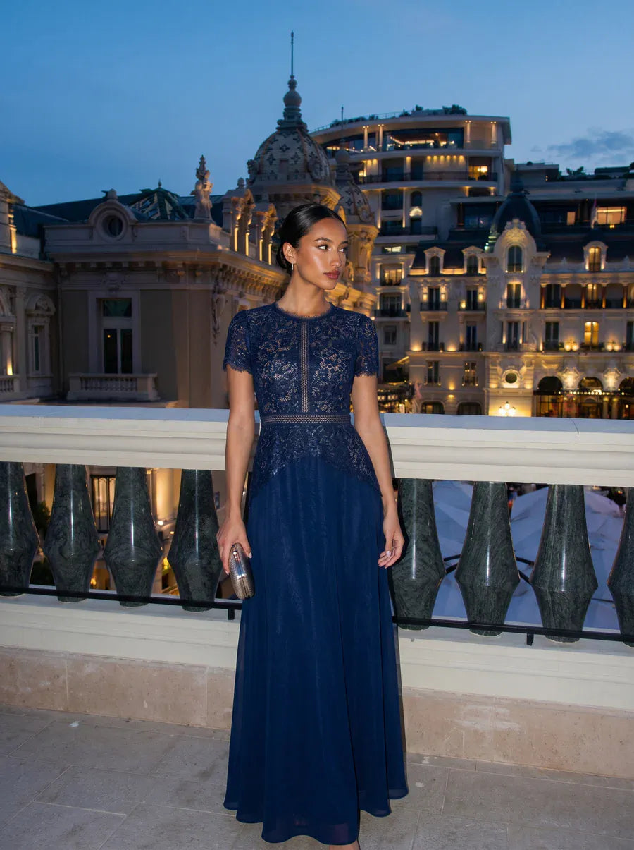 robe longue à encolure ronde à manches courtes en sequins coupe évasée #Couleur_Bleu Marine