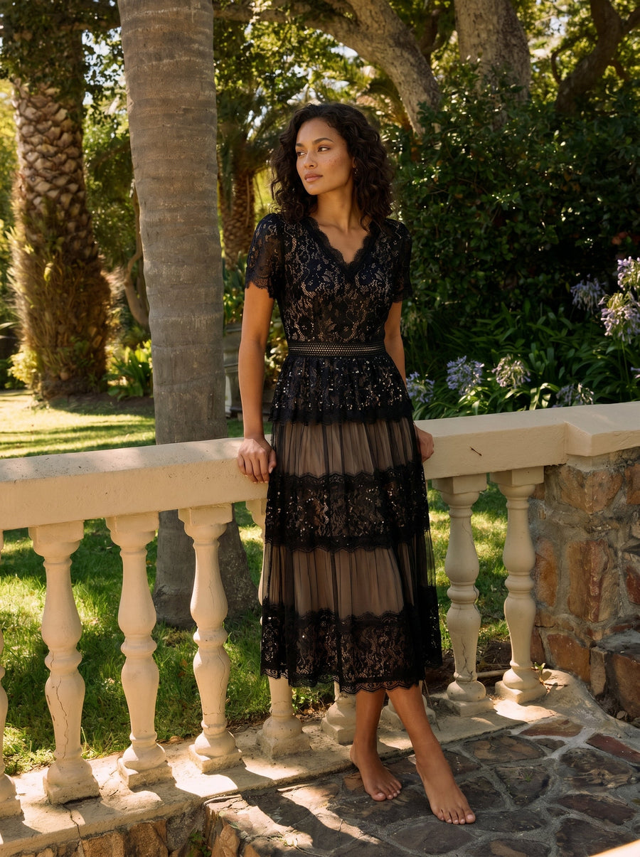 Robe en tulle A-line longueur thé à manches courtes décolleté en V avec sequins #Couleur_Noir