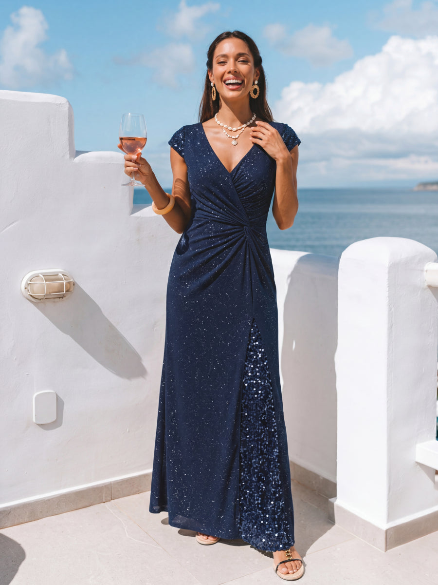 Robe moulante à manches courtes en stretch élevé avec décolleté en V noué et détails en sequins #Couleur_Bleu Marine