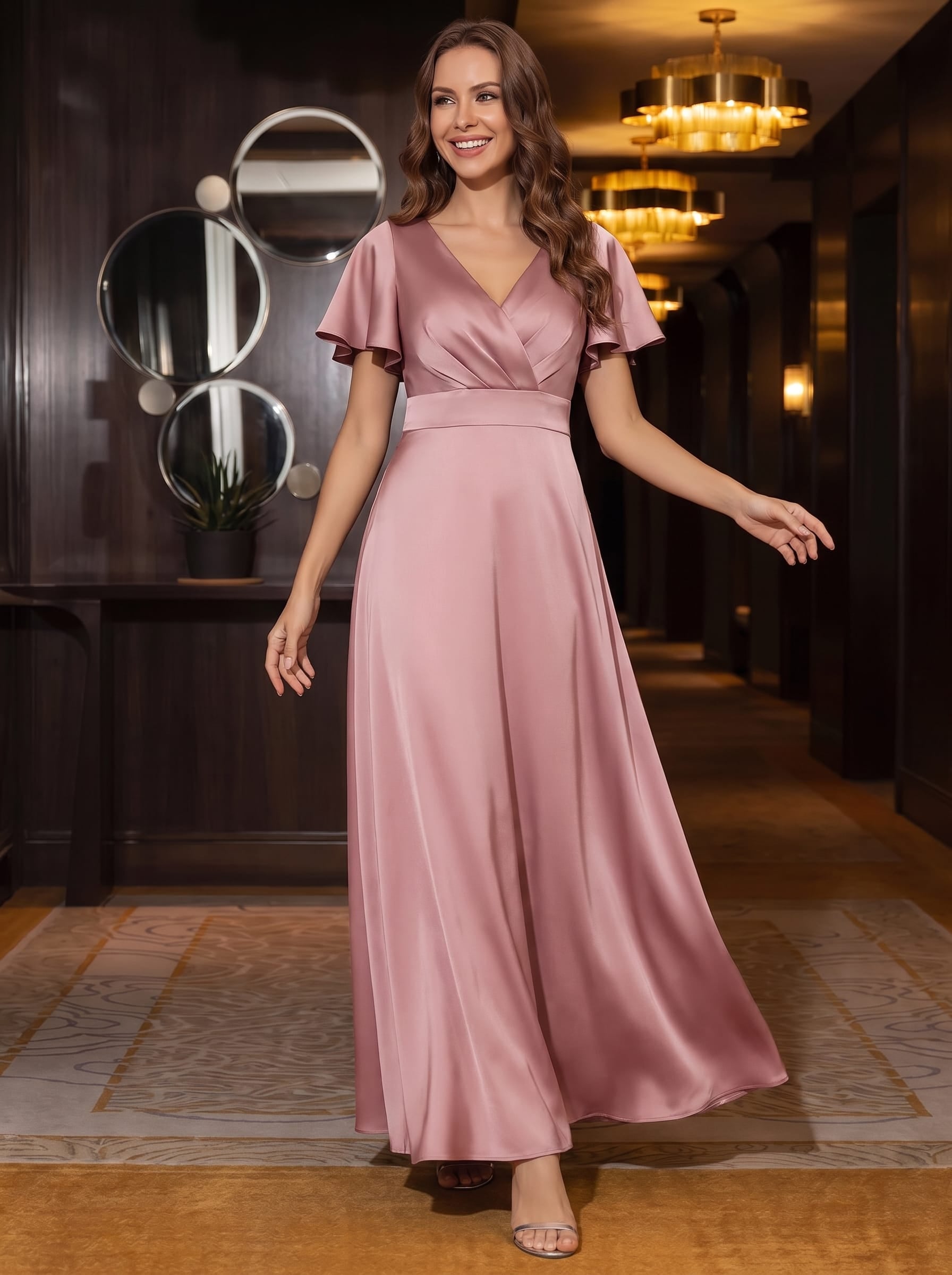Robe longue ligne A col en V manches courtes à volants froncée #Couleur_Orchidee
