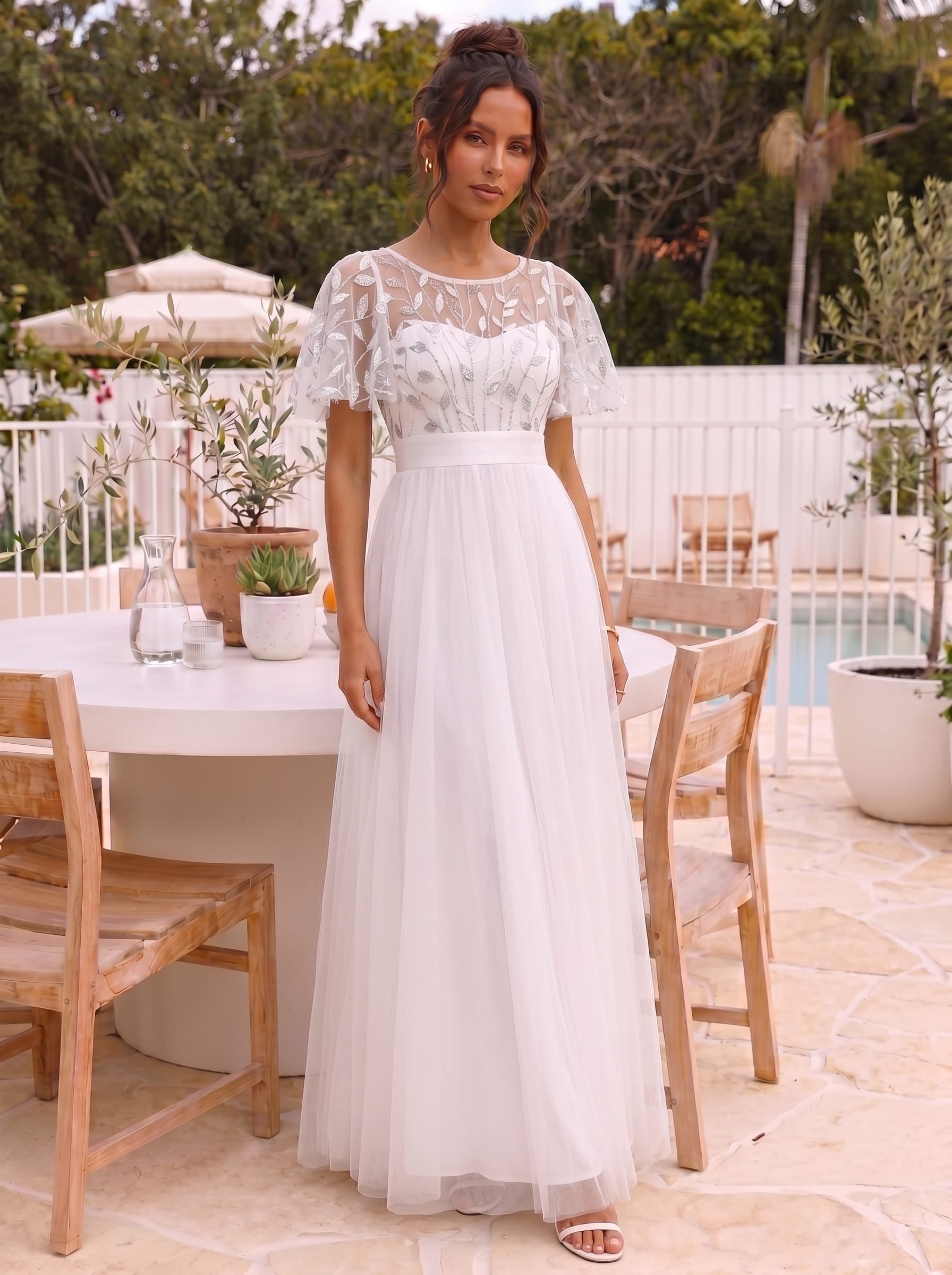 Robe de demoiselle d'honneur Brodées à manches courtes en ligne A pour femmes #Couleur_Blanc
