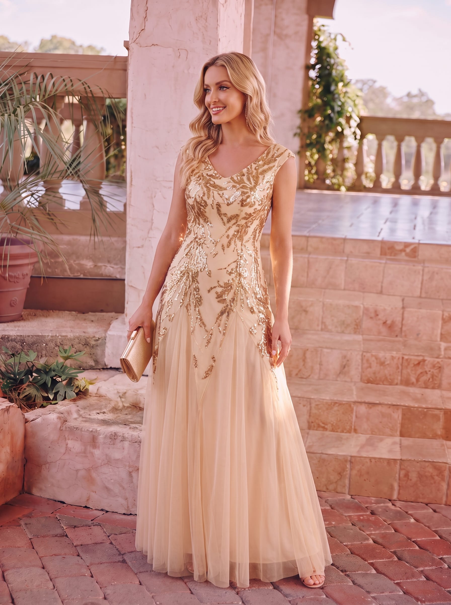 robe longue sans manches décolletée en V brodée de fleurs en A #Couleur_Dorée