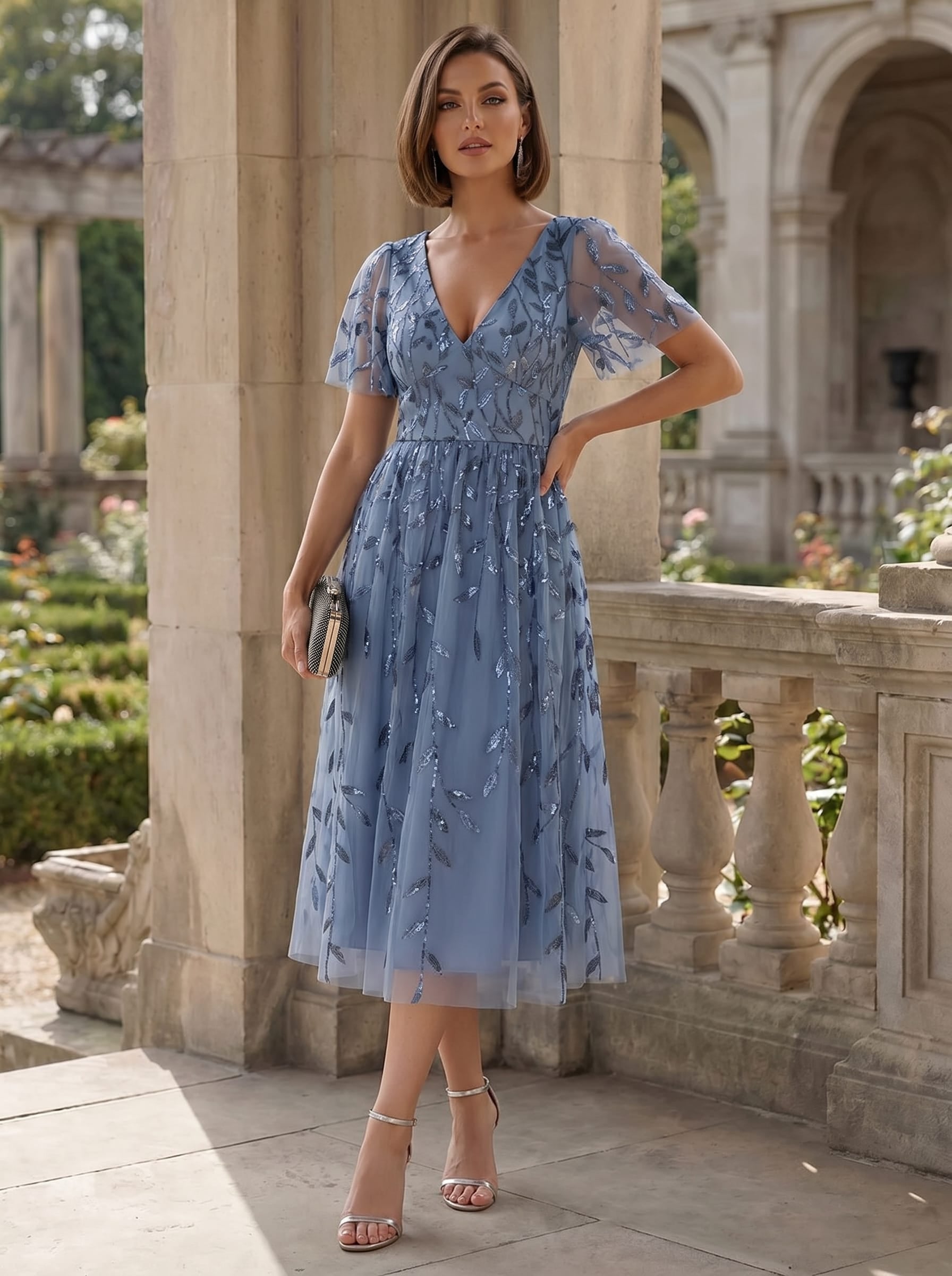 Robe d'invité de mariage formelle mi-longue à paillettes et feuilles à manches courtes #Couleur_Marine Fume