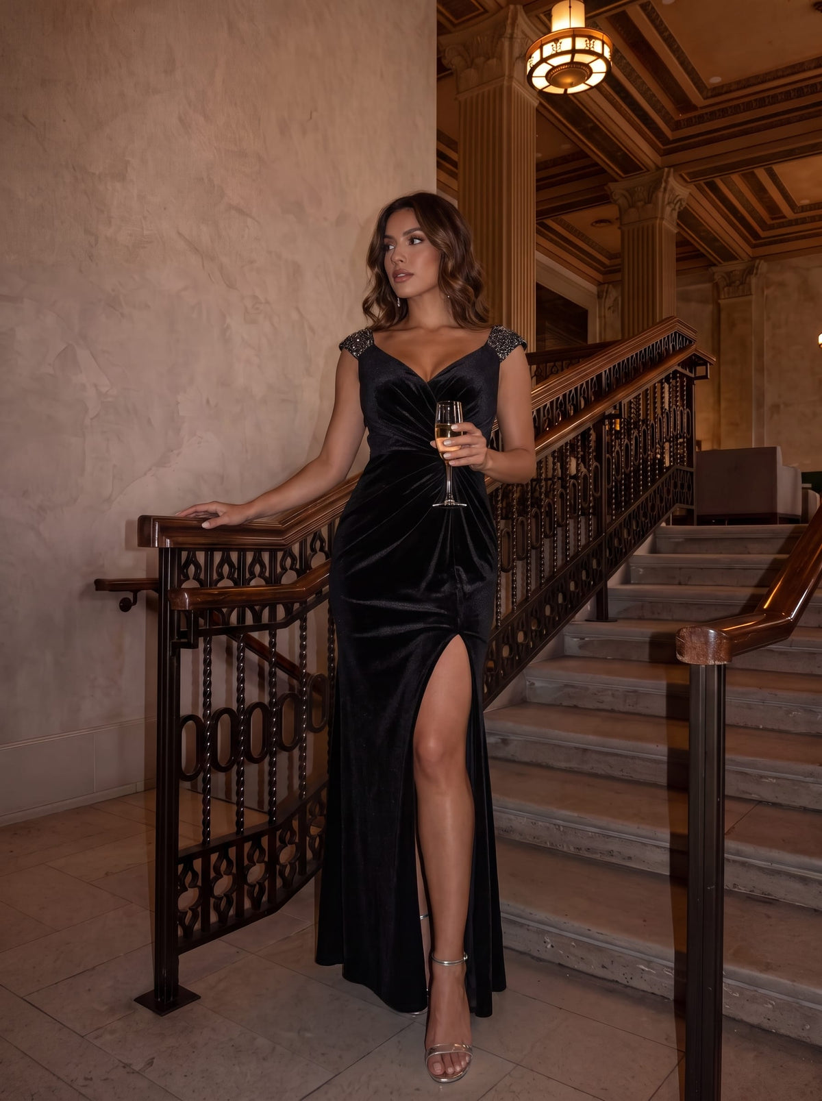 Robe sirène sans manches à décolleté en V en sequins longueur maxi avec fermeture éclair au dos et fente #Couleur_Noir