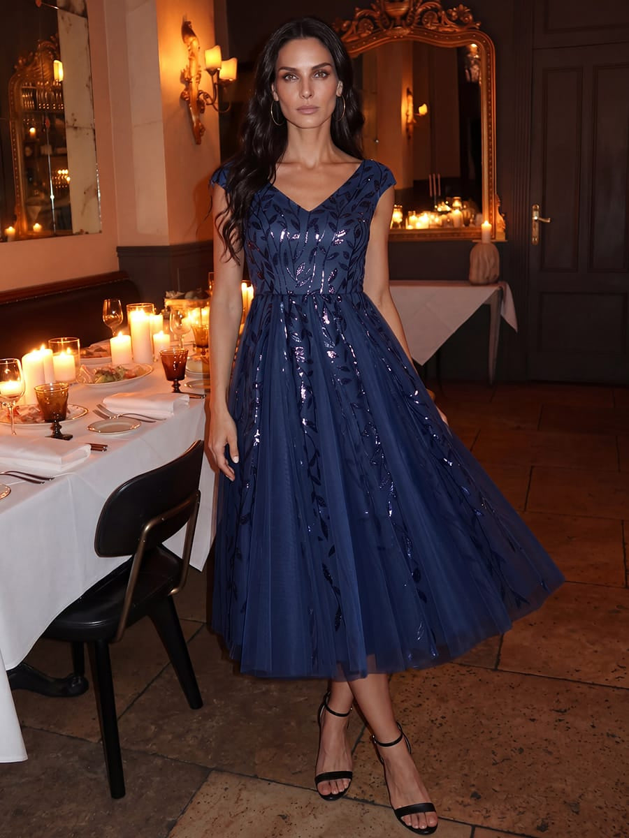 Robe midi sans manches col en V à sequins et coupe évasée #Couleur_Bleu Marine