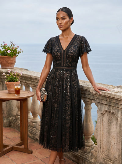 Robe midi évasée en tulle avec manches courtes décolleté en V et volants