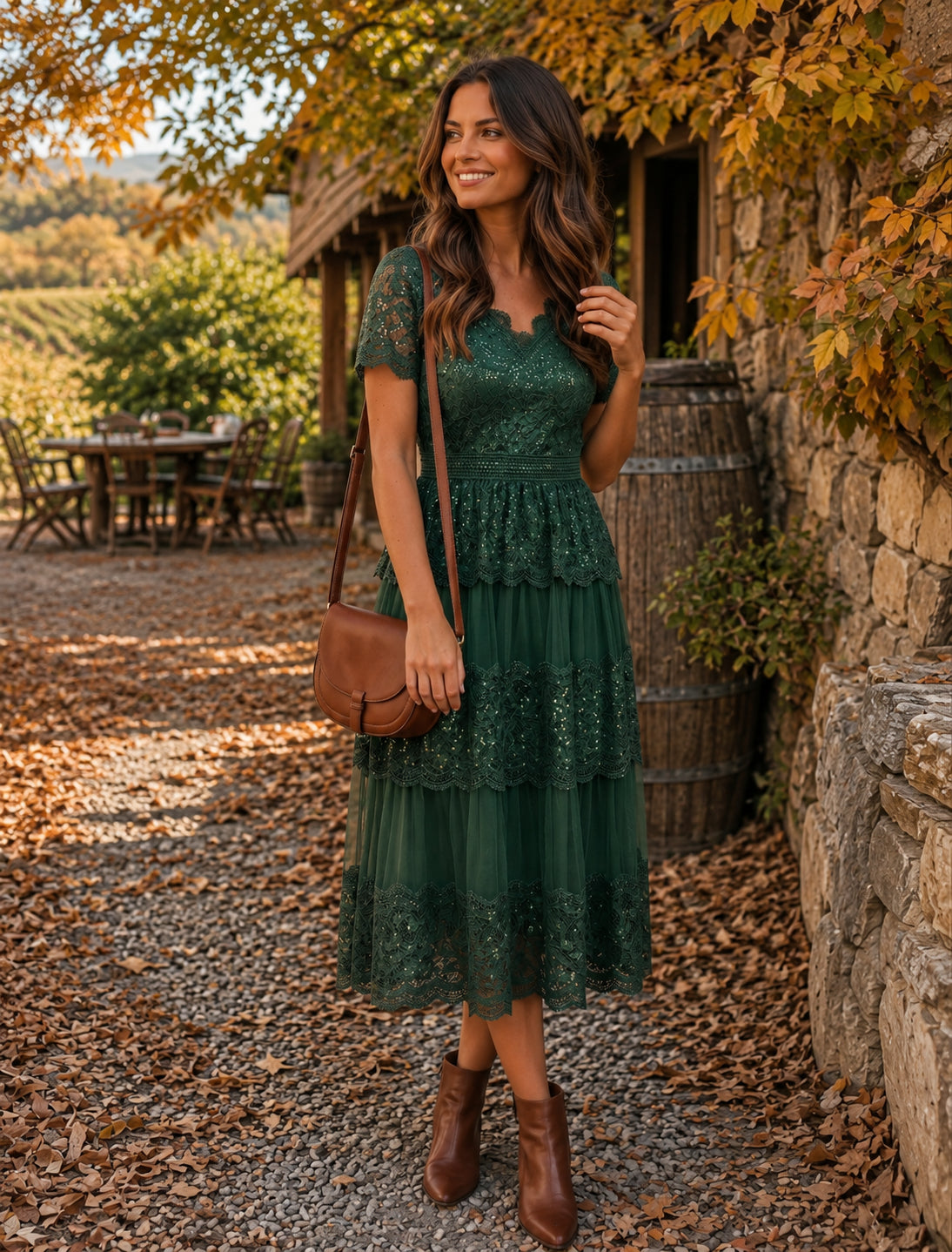 Robe en tulle A-line longueur thé à manches courtes décolleté en V avec sequins #Couleur_Vert Fonce