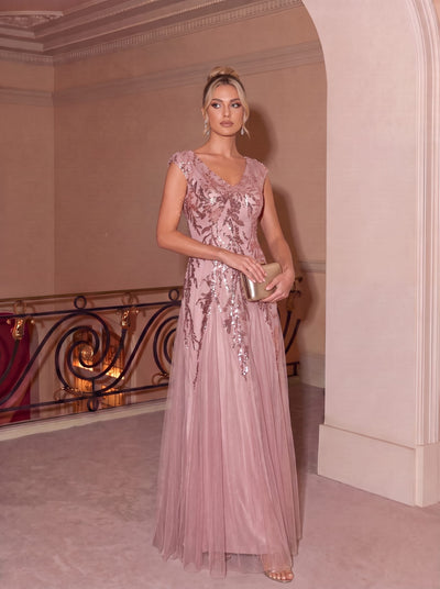 ever FREYA|Robe Longue de Soirée Chic en Tulle Brodé de Fleurs et Sequins