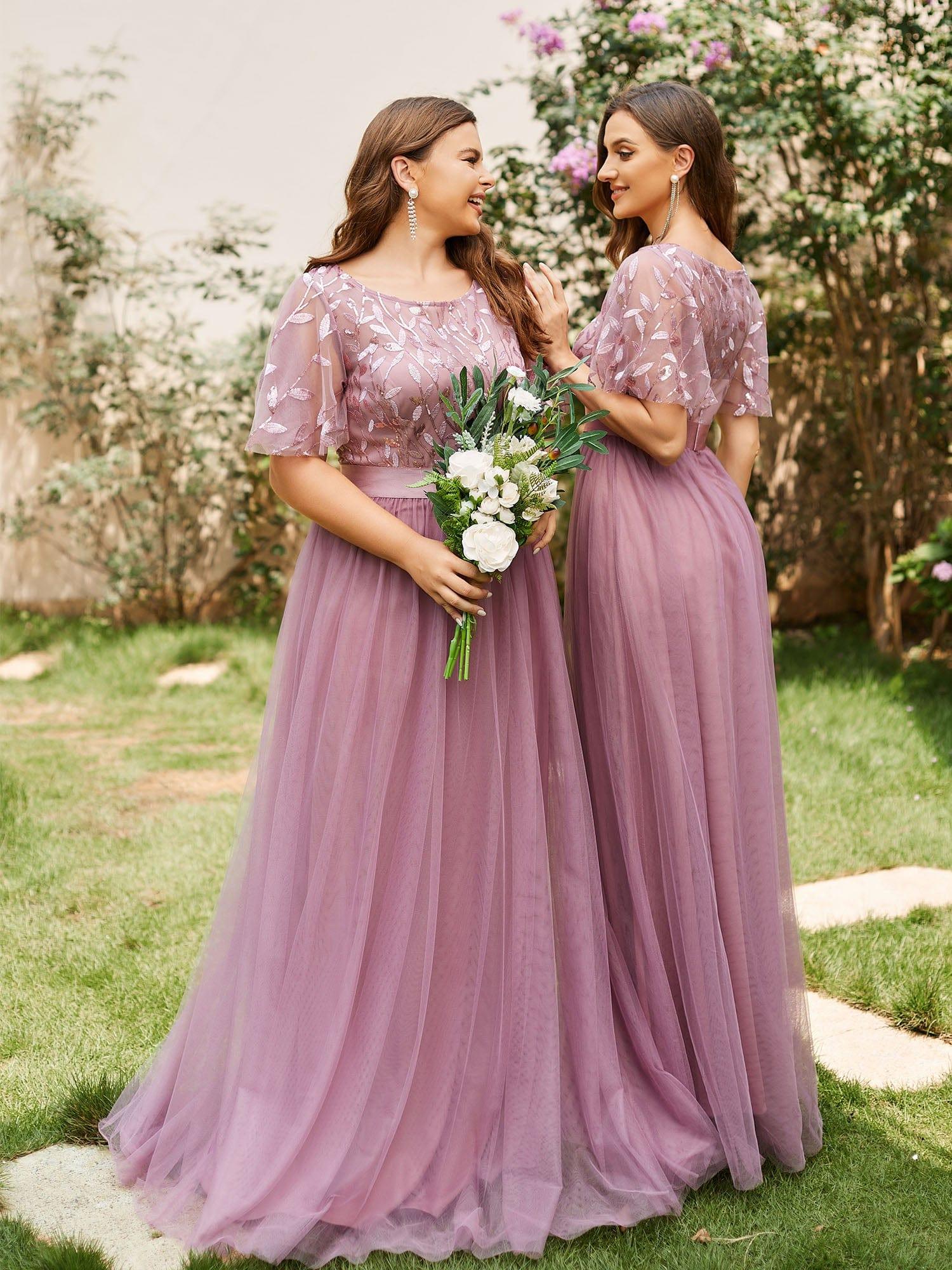 Robes de soirée brodées à manches courtes A-Line pour femmes #Couleur_Orchidee