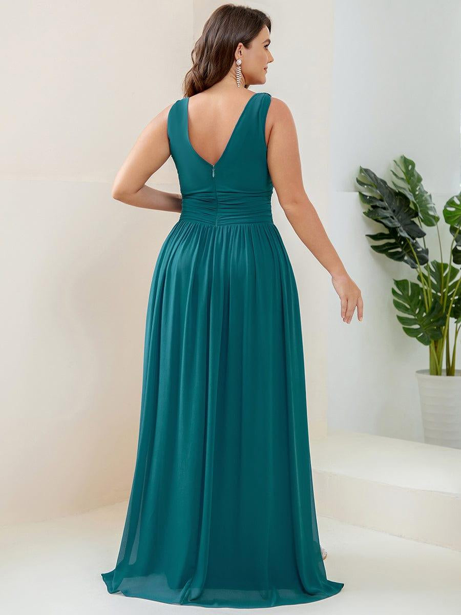 Col V sans manches plissé chiffon robe de soirée #Couleur_Bleu Sarcelle