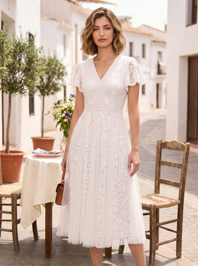 Robe midi évasée en tulle avec manches courtes décolleté en V et volants