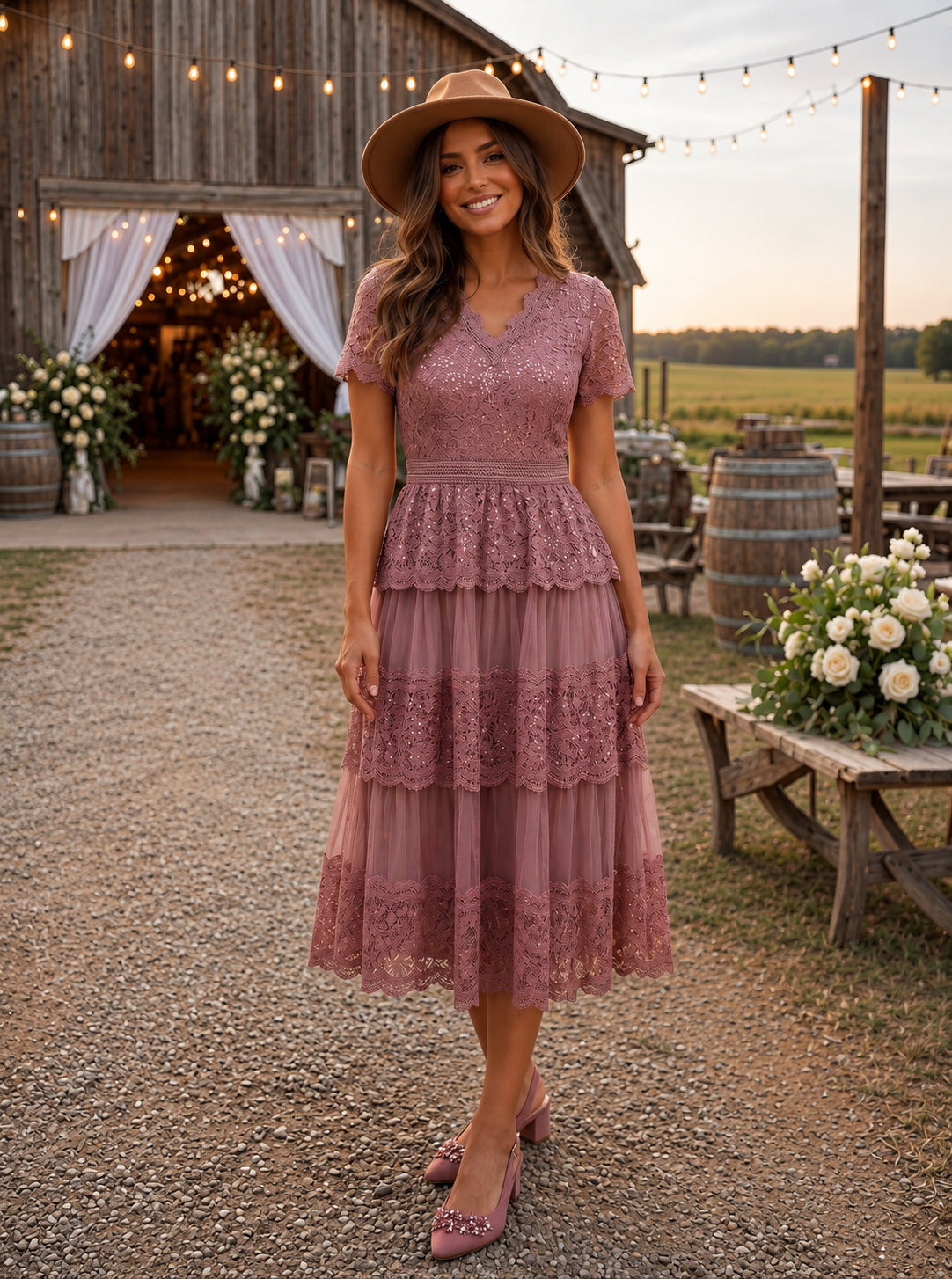 Robe en tulle A-line longueur thé à manches courtes décolleté en V avec sequins #Couleur_Orchidee