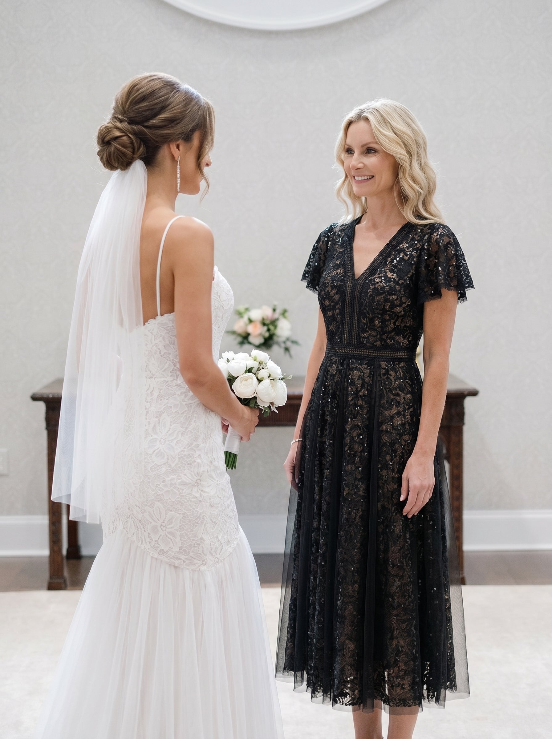 robe midi évasée en tulle avec manches courtes décolleté en V et volants #Couleur_Noir