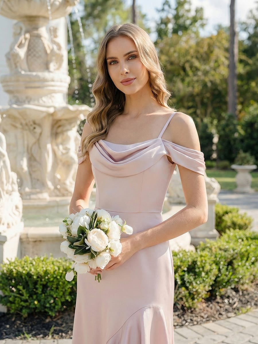 Robe haute basse à encolure drapée à manches courtes avec volants et bretelles ajustables #Couleur_Rose