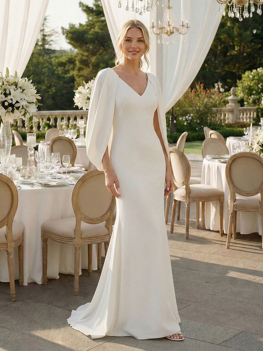 Robe sirène sans bretelles en stretch haut avec décolleté en V profond et manches cape #Couleur_Blanc