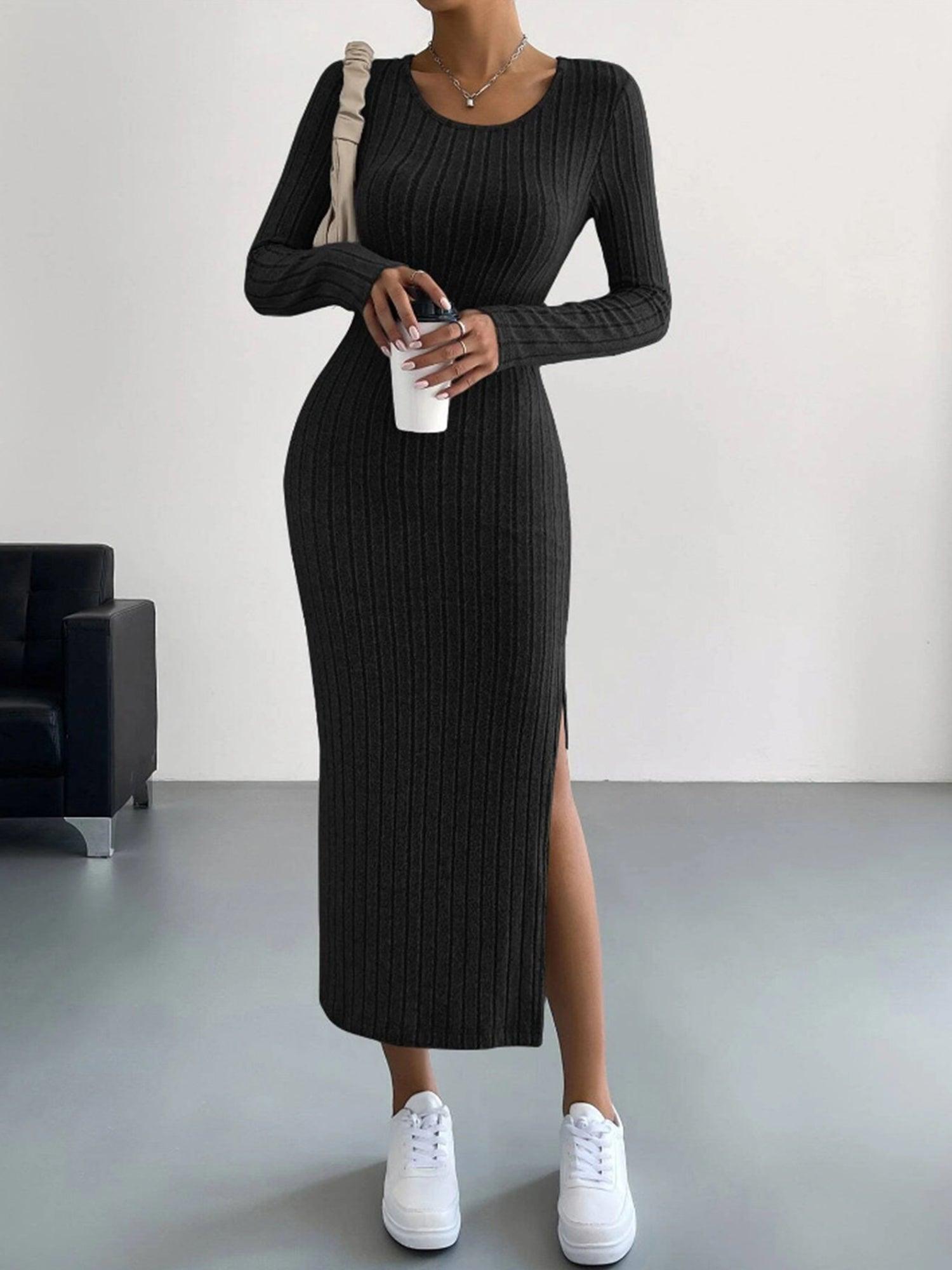 Robe pull fendue serrée de couleur unie #Couleur_Noir