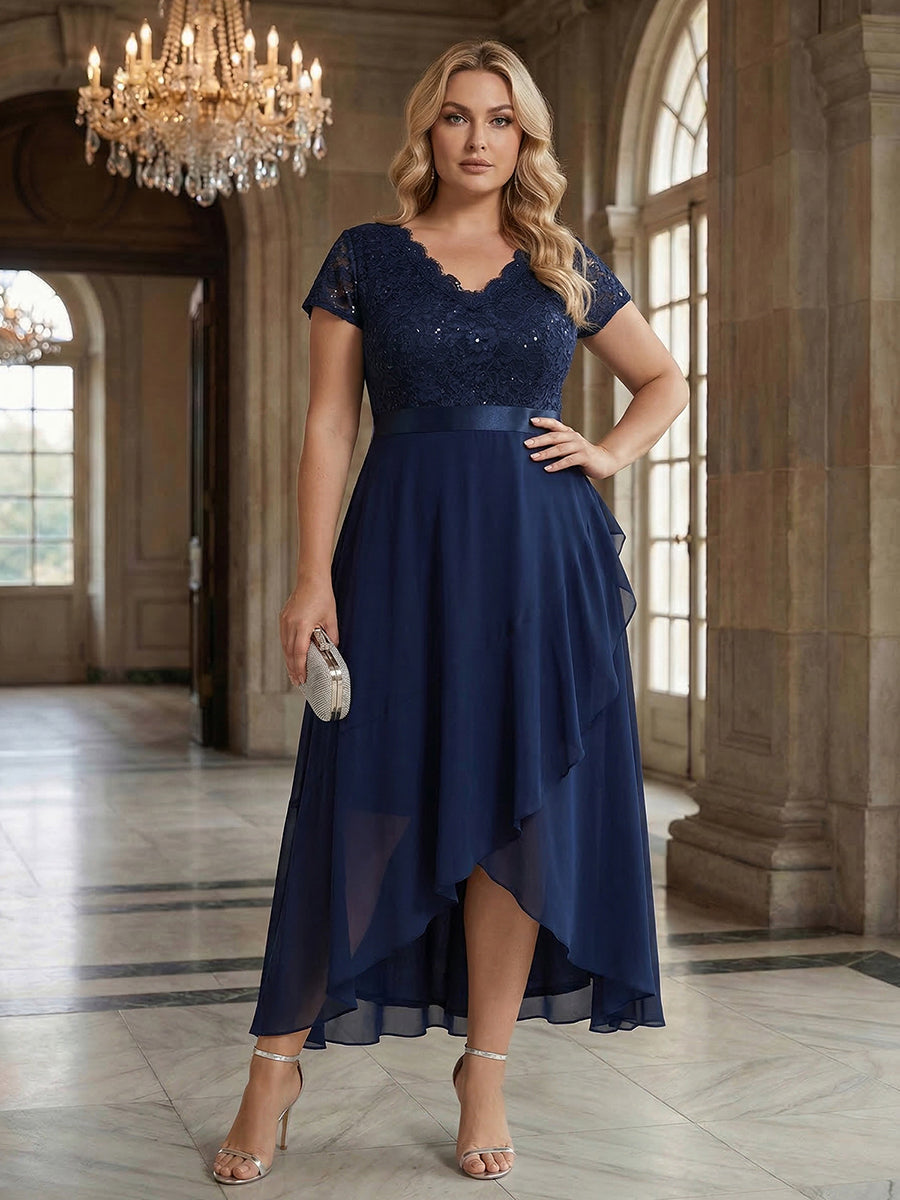 robe asymétrique à encolure en V profonde à manches courtes avec volants et patchwork à ourlet haut bas #Couleur_Bleu Marine