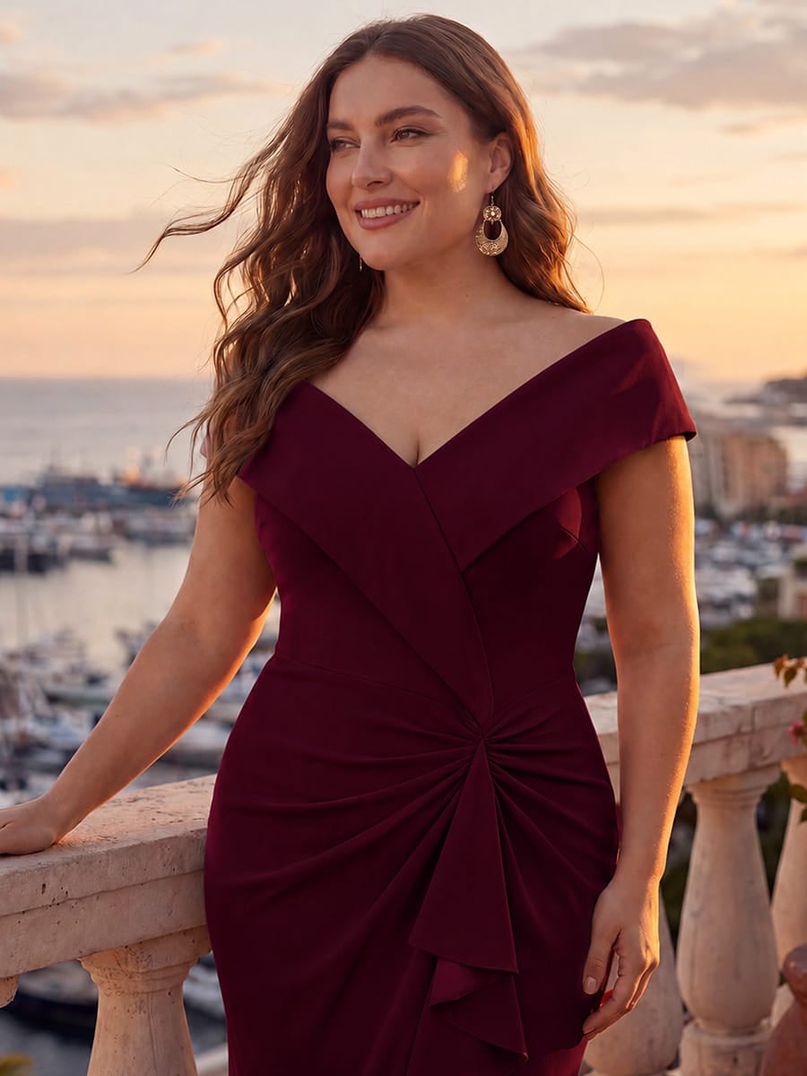Robe sir¨¨ne ¨¤ encolure en V asym¨¦trique avec volants et fermeture ¨¦clair au dos sans manches tr¨¨s extensible #Couleur_Bordeaux