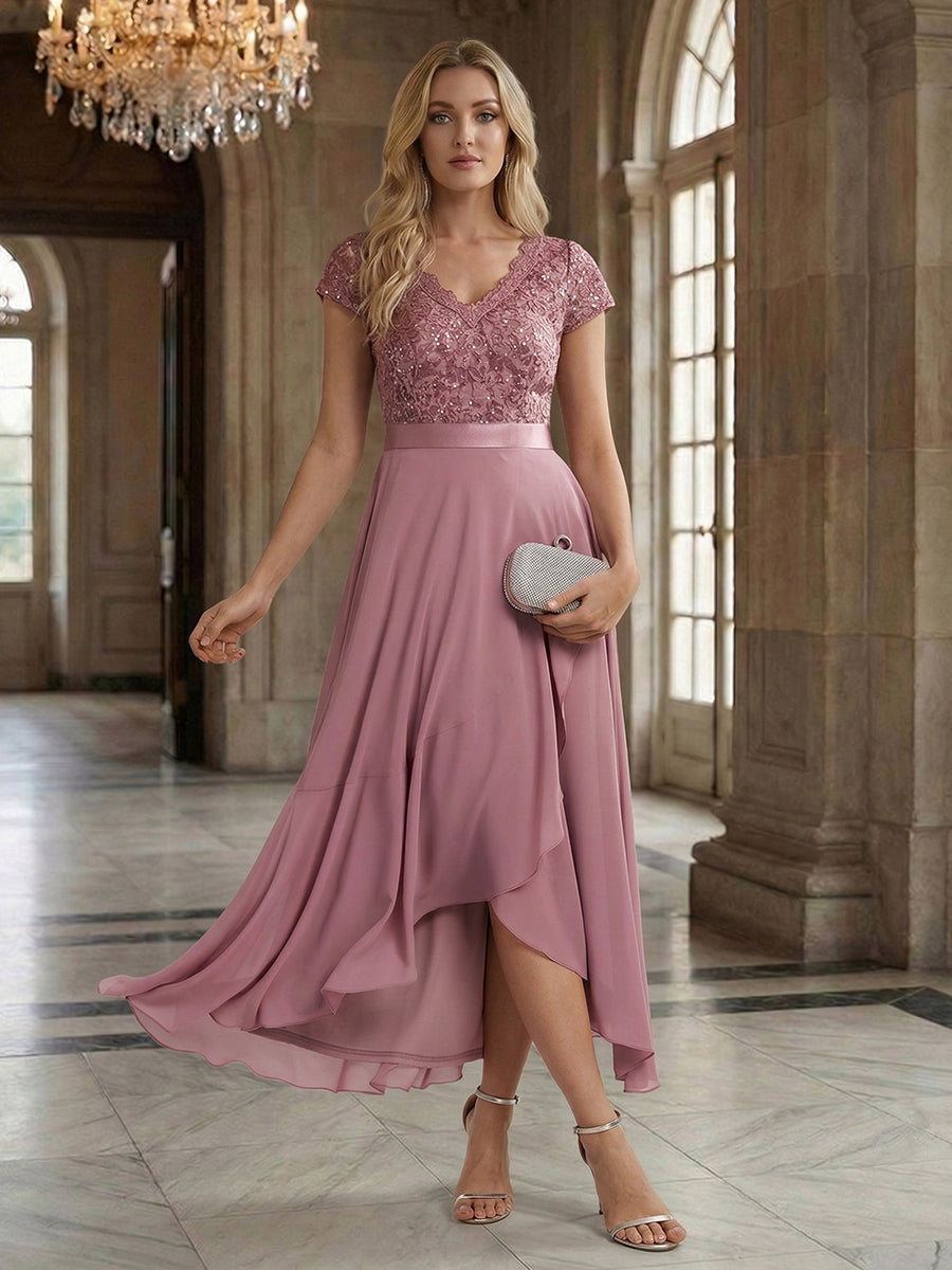 robe asymétrique à encolure en V profonde à manches courtes avec volants et patchwork à ourlet haut bas #Couleur_Orchidee