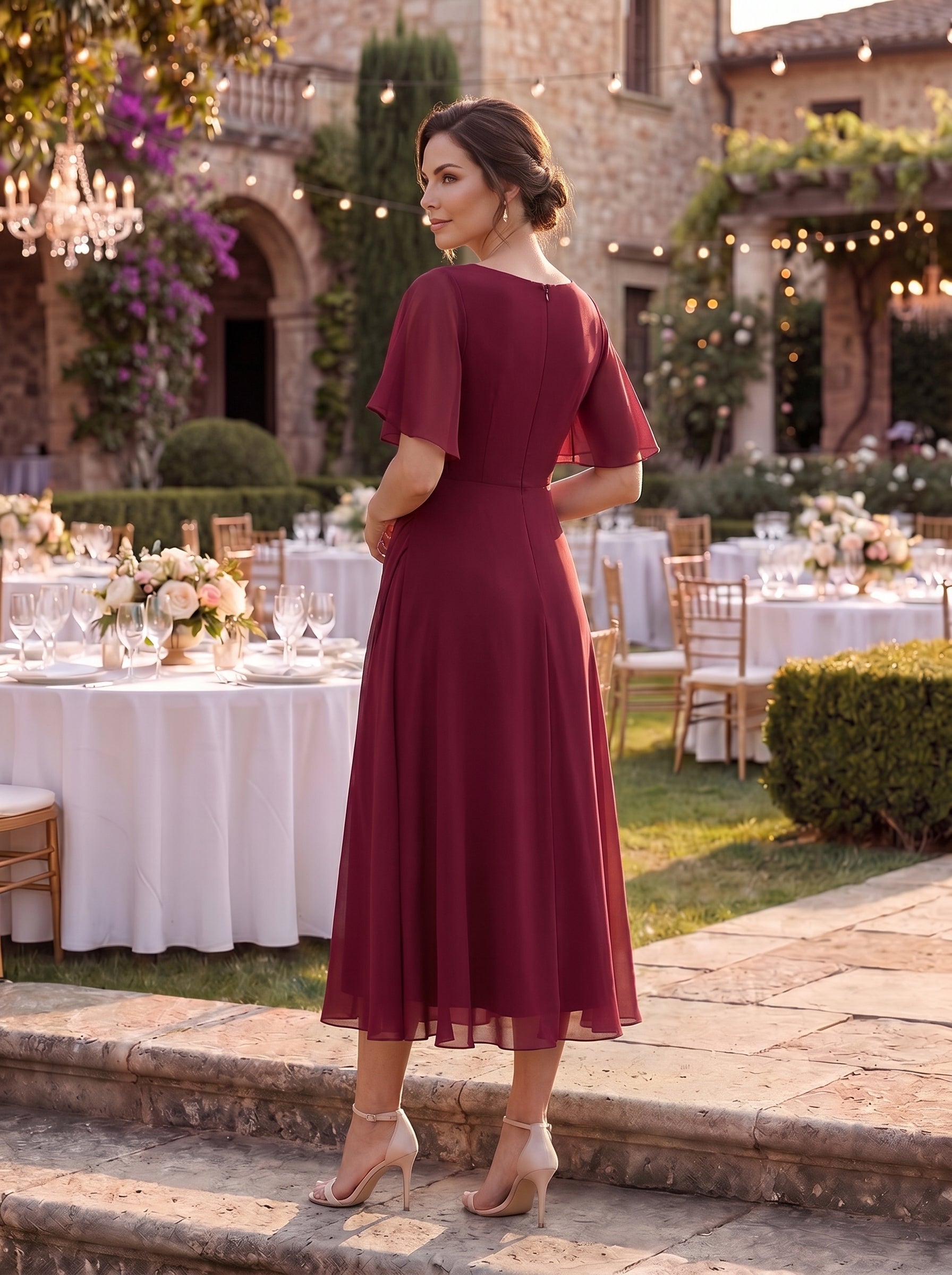 Robe d'invité de mariage mi-longue en mousseline à col en V avec appliques à la taille #Couleur_Bordeaux