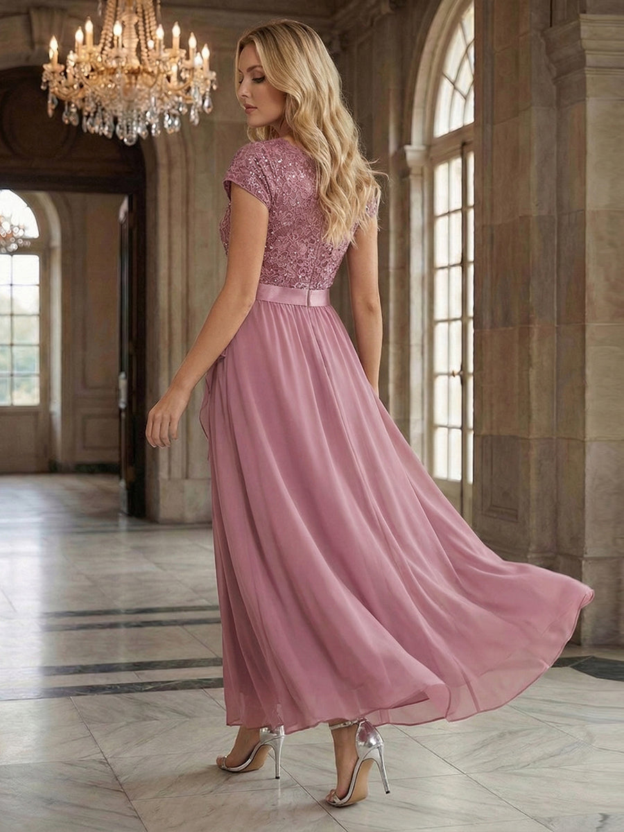 robe asymétrique à encolure en V profonde à manches courtes avec volants et patchwork à ourlet haut bas #Couleur_Orchidee